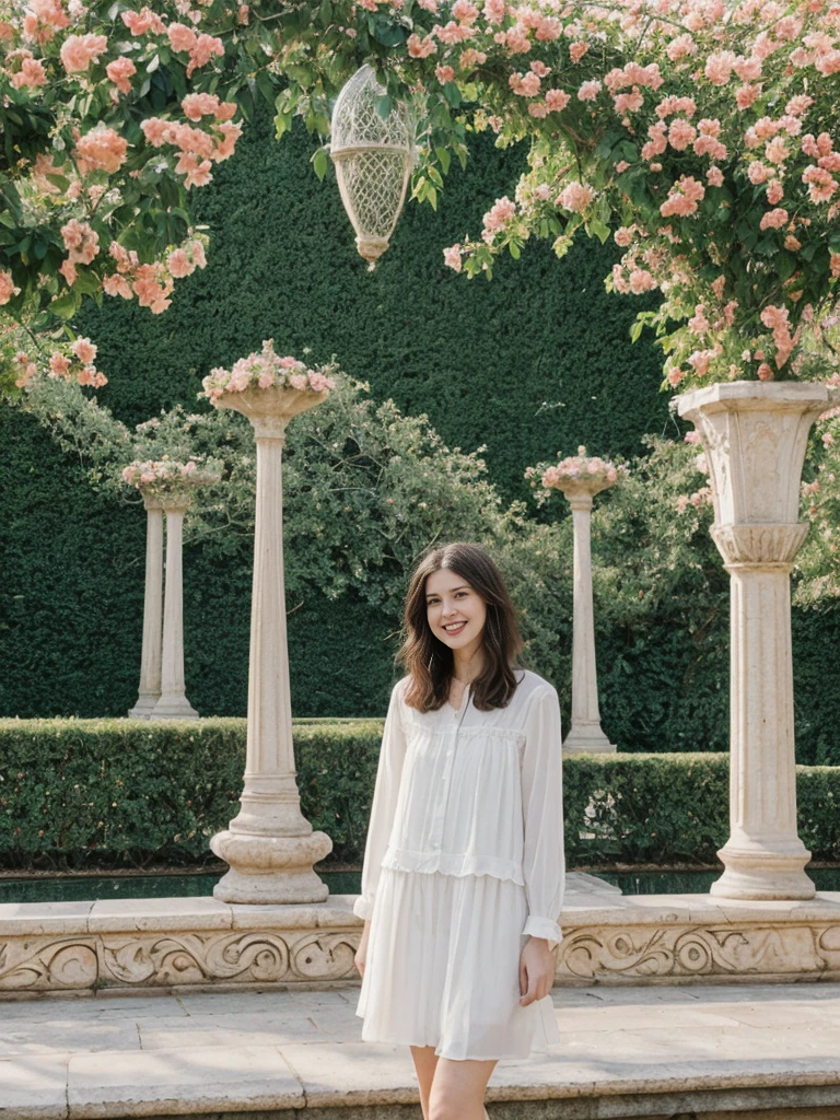 her name is Amelie, high quality, 1girl, ((25-year-old fit Caucasian woman)), ((25 years old)), ((BODY TYPE: HOURGLASS)), ((Shaggy Lob brown hair)), smiling, pose: standing, wearing SOPHISTICATED courant Generation-Z modern wear pastel colored, BACKGROUND: "Wandering through the lush gardens of the Alcázar, with its ornate architecture, fountains, and vibrant flowers."
