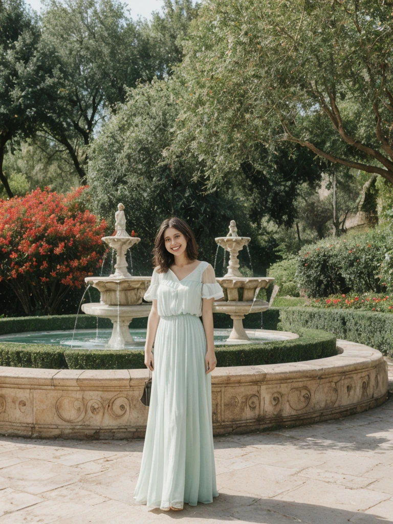 her name is Amelie, high quality, 1girl, ((25-year-old fit Caucasian woman)), ((25 years old)), ((BODY TYPE: HOURGLASS)), ((Shaggy Lob brown hair)), smiling, pose: standing, wearing SOPHISTICATED courant Generation-Z modern wear pastel colored, BACKGROUND: "Wandering through the lush gardens of the Alcázar, with its ornate architecture, fountains, and vibrant flowers."