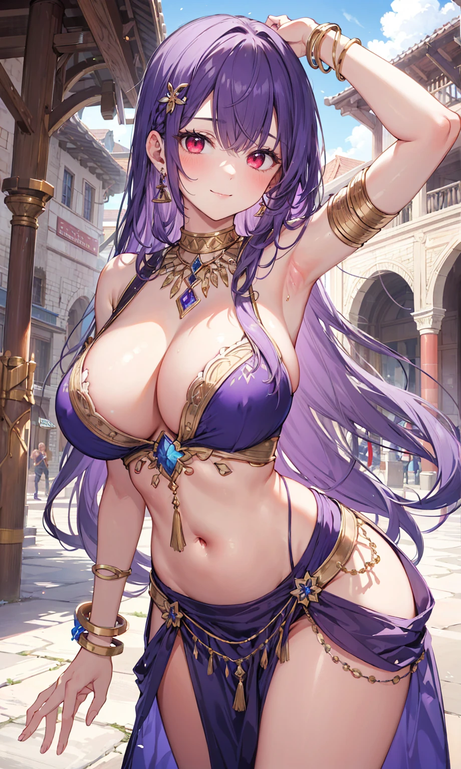 high quality, ultra detailed, best quality, insanely detailed, beautiful, masterpiece, 1girl, medieval plaza, cowboy shot, red eyes, long hair, purple hair, belly dancer, circlet, earrings, armlets, bracelets, bashful smile, large breasts, cleavage, soft stomach