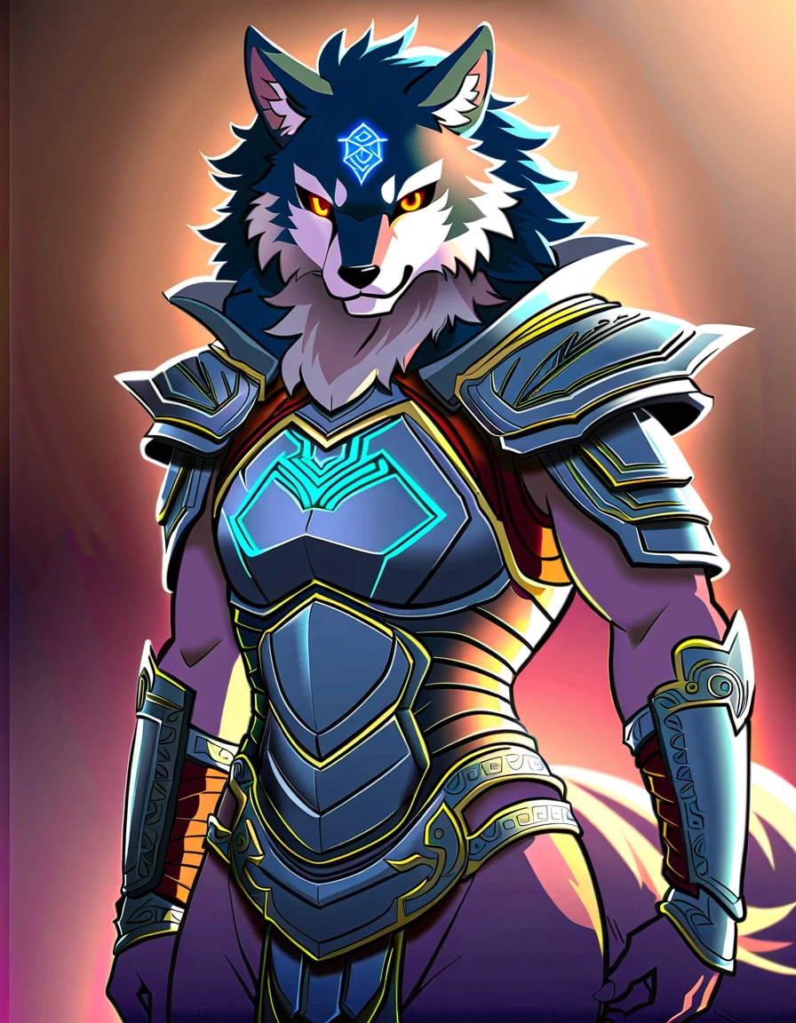 anime fantasy art style, a beautiful kemono wolf warrior, wearing obsidian armor with engraved glowing symbols, posing with hands on waist, hourglass body, fantasy design
