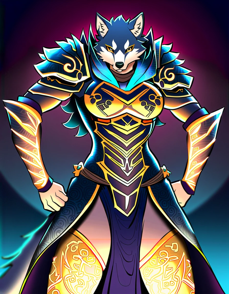 anime fantasy art style, a beautiful kemono wolf warrior, wearing obsidian armor with engraved glowing symbols, posing with hands on waist, hourglass body, fantasy design