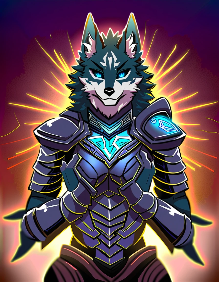 anime fantasy art style, a beautiful kemono wolf warrior, wearing obsidian armor with engraved glowing symbols, posing with hands on waist, hourglass body, fantasy design