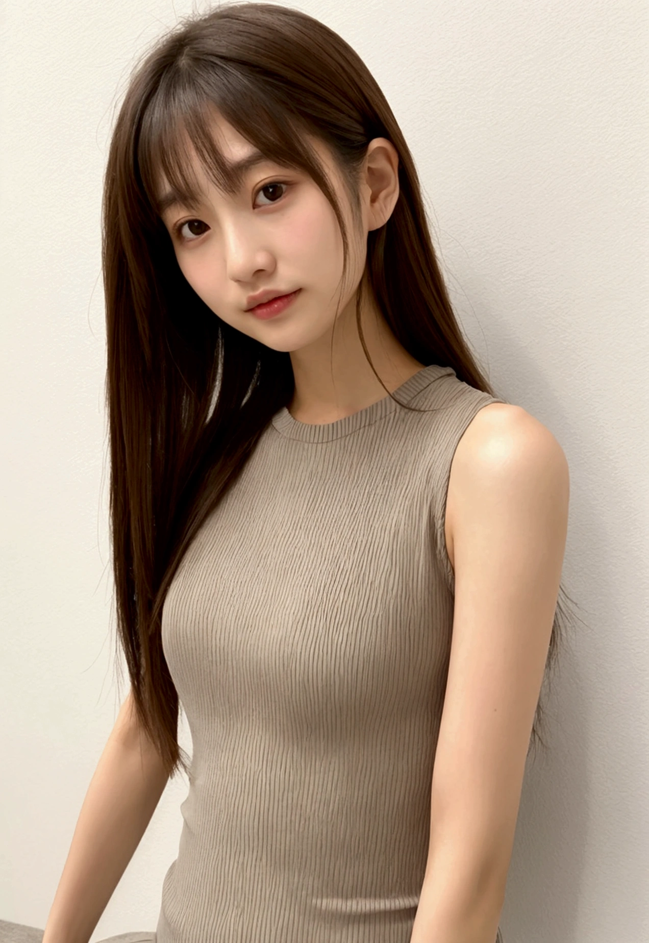 21 years oldの日本人女性、(Sleeveless mini dress、Tight clothing)、high resolution、High resolution、Realistic、Long brown hair、Messy Hair、Cute Japanese Woman、21 years old、Young girl、Mid-chest、Fashion Model、slim、tall、Height 171 cm