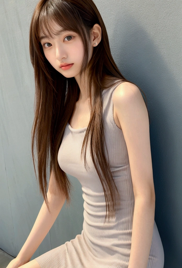 21 years oldの日本人女性、(Sleeveless mini dress、Tight clothing)、high resolution、High resolution、Realistic、Long brown hair、Messy Hair、Cute Japanese Woman、21 years old、Young girl、Mid-chest、Fashion Model、slim、tall、Height 171 cm