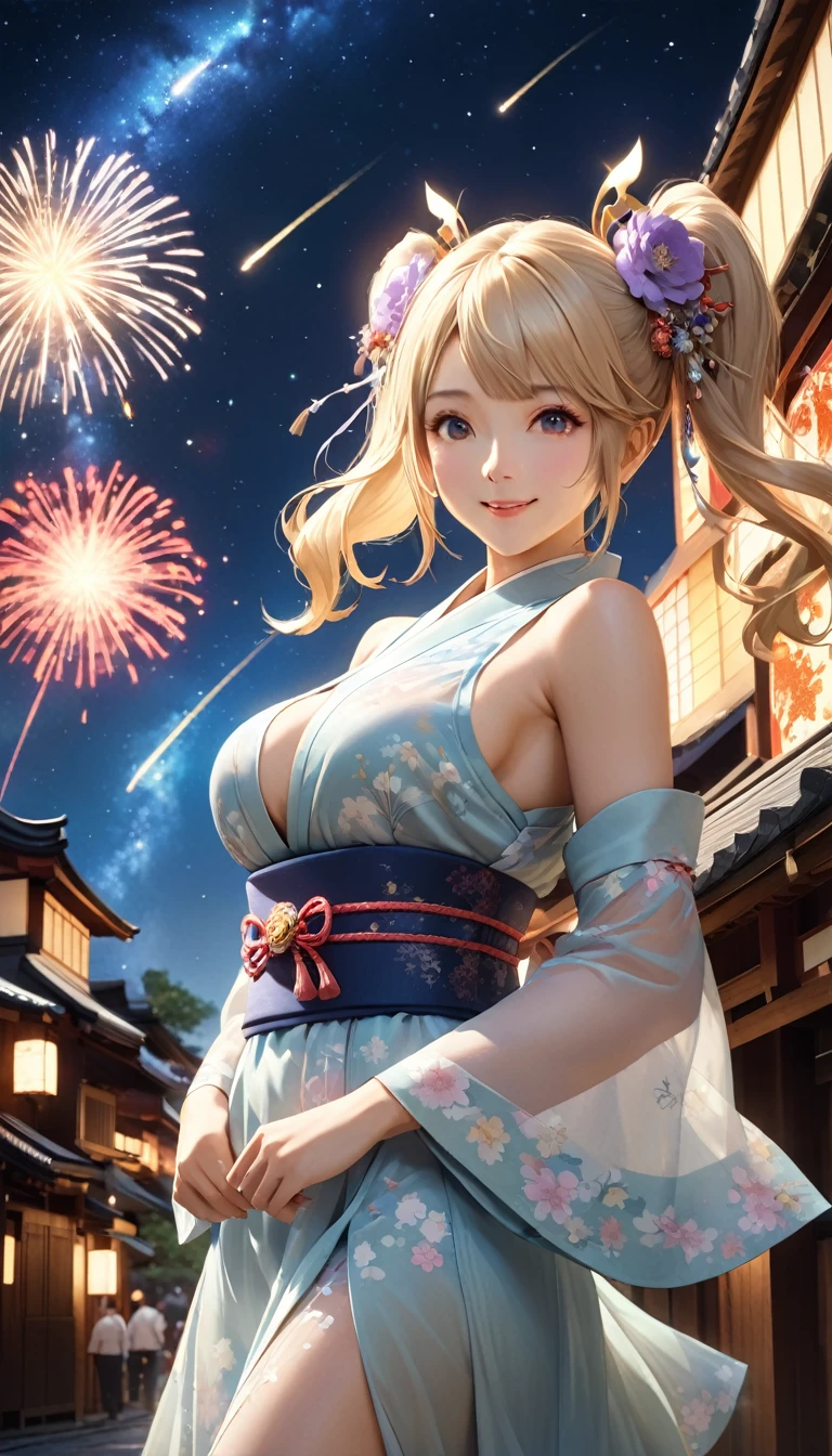 8k resolution, masterpiece, Highest quality, Award-winning works, unrealistic, SFW, elegant, Very detailed, Digital Painting, artステーション, コンセプトart, Smooth, Sharp focus, shape, artジャム、Greg Rutkowski、Alphonse Mucha、William Adolphe Bouguereau、art：Stephanie Law , , Royal Jewel, , Full Shot, Symmetric, Greg Rutkowski, Charlie Bowwater, beep, Unreal 5, Surreal, Dynamic Lighting, ファンタジーart, Complex色, Gion, Kyoto, Numerous fireflies, fire works, milky way, shooting stars, Small face, Very delicate look, , Delicate facial depiction, Delicate eye depiction, Upper body close-up, Alluring, erotic, dynamic sexy pose, sole sexy girl, healthy body, Age 22, , , ,, doaxvv_Marie Rose, geisha, height: 160cm, huge firm bouncing busts, , Very long wavy blonde hair, Twin tails, Glowing Skin, Sweat, Smiling at the camera, look up, Invincible laughter, Complex, traditional Japanese see-through yukata, 