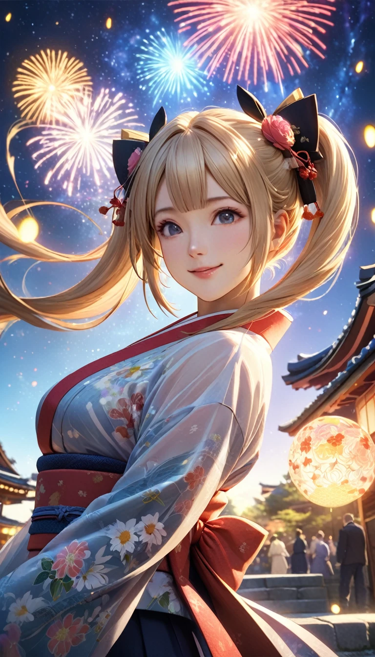 8k resolution, masterpiece, Highest quality, Award-winning works, unrealistic, SFW, elegant, Very detailed, Digital Painting, artステーション, コンセプトart, Smooth, Sharp focus, shape, artジャム、Greg Rutkowski、Alphonse Mucha、William Adolphe Bouguereau、art：Stephanie Law , , Royal Jewel, , Full Shot, Symmetric, Greg Rutkowski, Charlie Bowwater, beep, Unreal 5, Surreal, Dynamic Lighting, ファンタジーart, Complex色, Gion, Kyoto, Numerous fireflies, fire works, milky way, shooting stars, Small face, Very delicate look, , Delicate facial depiction, Delicate eye depiction, Upper body close-up, Alluring, , dynamic sexy pose, sole sexy girl, healthy body, Age 22, , , ,, doaxvv_Marie Rose, geisha, height: 160cm, huge firm bouncing busts, , Very long wavy blonde hair, Twin tails, Glowing Skin, Sweat, Smiling at the camera, look up, Invincible laughter, Complex, traditional Japanese see-through yukata, 