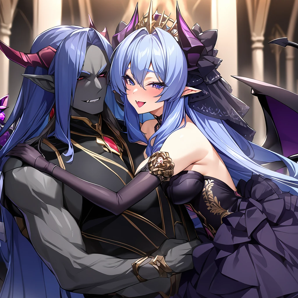 ((Highest quality)), ((masterpiece)), (detailed), （Perfect Face）、A woman is hugging and kissing a great, strong, evil demon king man.、The woman is a beautiful, jet-black female demon, the queen of evil, Devil Extia, with medium-long blue hair, wearing a luxurious black wedding dress with gold embroidery and trim, a black wedding veil, an engagement ring, and luxurious accessories. She is an elegant, beautiful female demon, the queen of evil.、A great demon with jet black skin, impressive devil horns, devil wings and a devil tail.、The woman looks happy、The man is a great and powerful demon king.、The woman is the favorite of the majestic demon king.