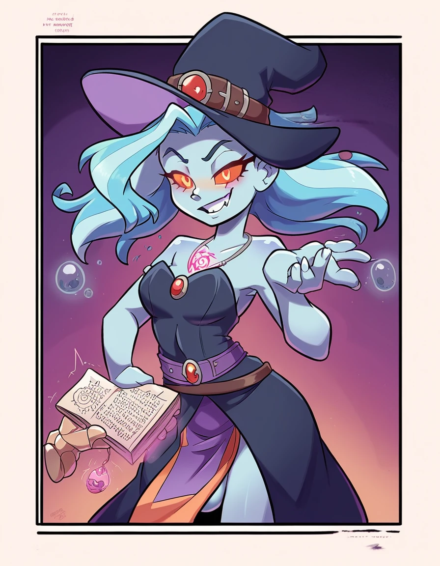 depicts a modern-day witch who has embraced the world of cybernetics to enhance her magical abilities. The artwork should convey the enchanting blend of traditional witchcraft and futuristic technology. Here are some specific elements to include: The Witch's Lair: The setting should be a cozy yet slightly eerie room, filled with magical books, crystal balls, potion ingredients, and antique furnishings. The room should be dimly lit by candles and a soft, mystical glow emanating from her cybernetic enhancements. The Cyborg Witch: The central focus of the artwork is the witch herself. She's a striking figure with a mix of traditional witch attire and cybernetic enhancements. Her clothing should have a witchy, occult aesthetic, with flowing robes, a pointed hat, and an intricate pentagram necklace. Her arms, however, have been upgraded with cybernetic components that incorporate magical symbols and glowing runes. Magical Interface: The witch is in the midst of casting a spell, with a holographic, touch-screen interface floating before her. This interface includes spell incantations, arcane symbols, and digital components, demonstrating her fusion of magic and technology. Spell Ingredients: On a nearby table, there should be a collection of spell ingredients, like herbs, potions, and magical artifacts. Some of these items may have been modified with cybernetic enhancements, blurring the line between the natural and the technological. Familiar: The witch's familiar, perhaps a cat or raven, should be present in the scene, serving as her magical companion. The familiar could also have subtle cybernetic enhancements or glowing eyes. Glowing Runes: The room should be adorned with ancient symbols and glowing runes on the walls and floor, contributing to the magical atmosphere. Aetherial Lighting: Use a combination of mystical, ethereal lighting and cybernetic glows to create a captivating interplay of light and shadow. The contrast between the tradit