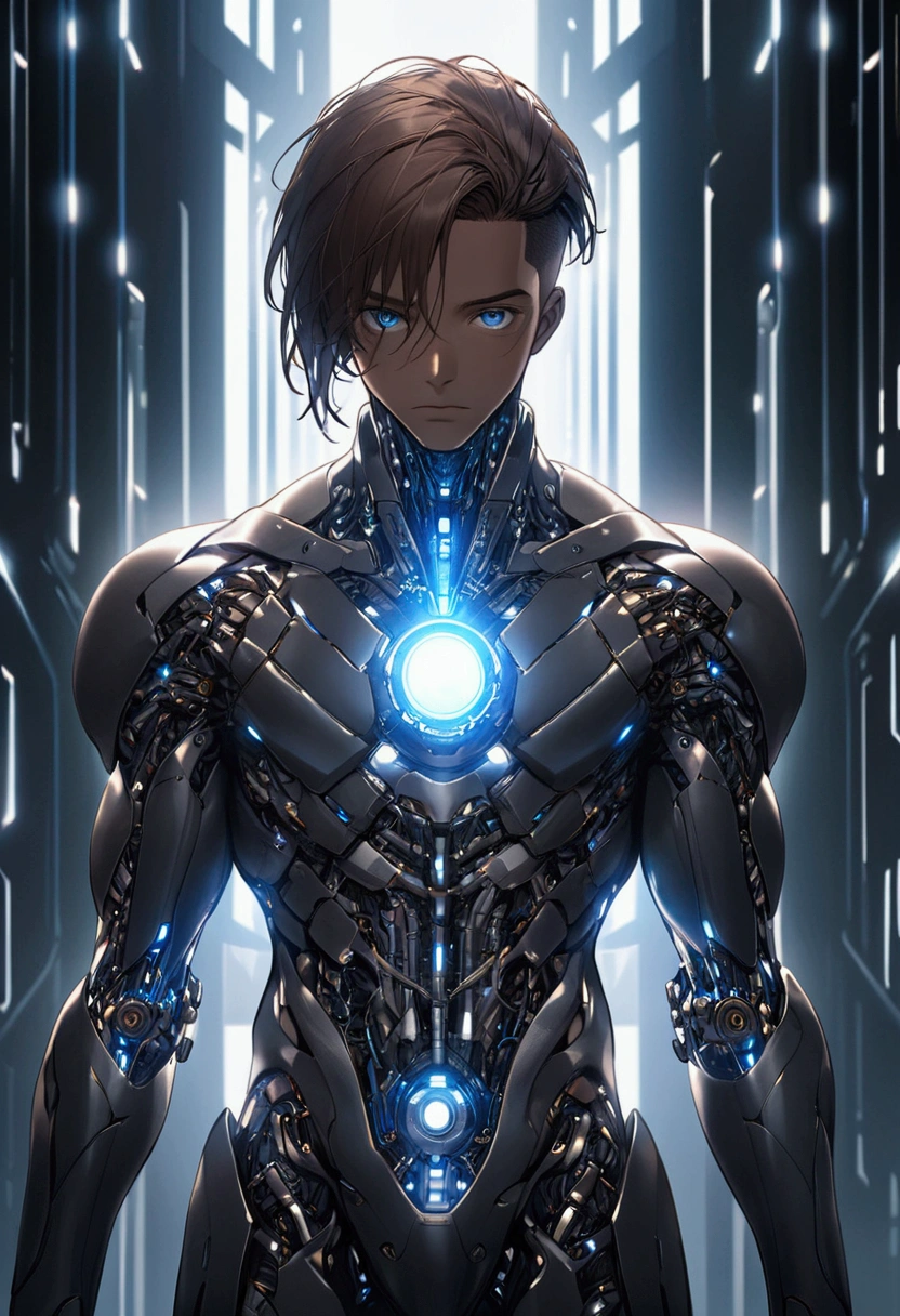 ((masterpiece)), ((best quality)), (from front, facing front), (cybernetic, cyber armor), 1man, adult man, solo, black skin, long brown hair, blue eyes, human body wearing cyber armor, hyper-detailed, cinematic lighting, chiaroscuro, intricate details, metallic sheen, futuristic, mechanical, striking, powerful, awe-inspiring, moody, atmospheric