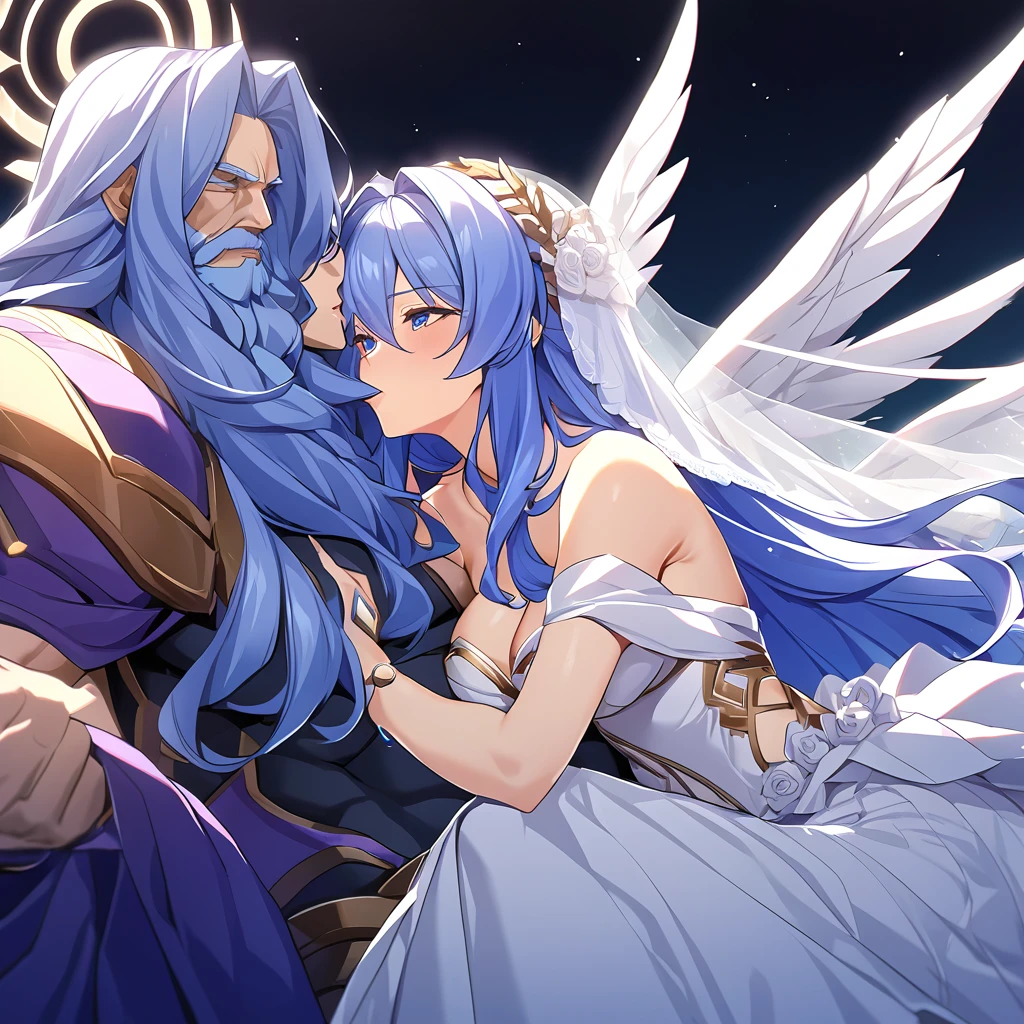 ((Highest quality)), ((masterpiece)), (detailed), (Perfect Face)、The woman embraces Zeus, the great, strong, bearded old man who is the chief god of Greek mythology, kisses him with a vow, and they make love and have sex on a luxurious bed in heaven.、Women are messengers of God and great angels.6An archangel and god with wings and a shining halo above his head.々The wife of Zeus, the king of the gods, the goddess Extia、The woman is the beautiful Queen of the Gods, Goddess Extia, with medium-long blue hair. She is wearing a gorgeous white wedding dress with gold embroidery and trim, a white wedding veil, an engagement ring, and gorgeous accessories. She is an elegant goddess and a beautiful queen of the gods.