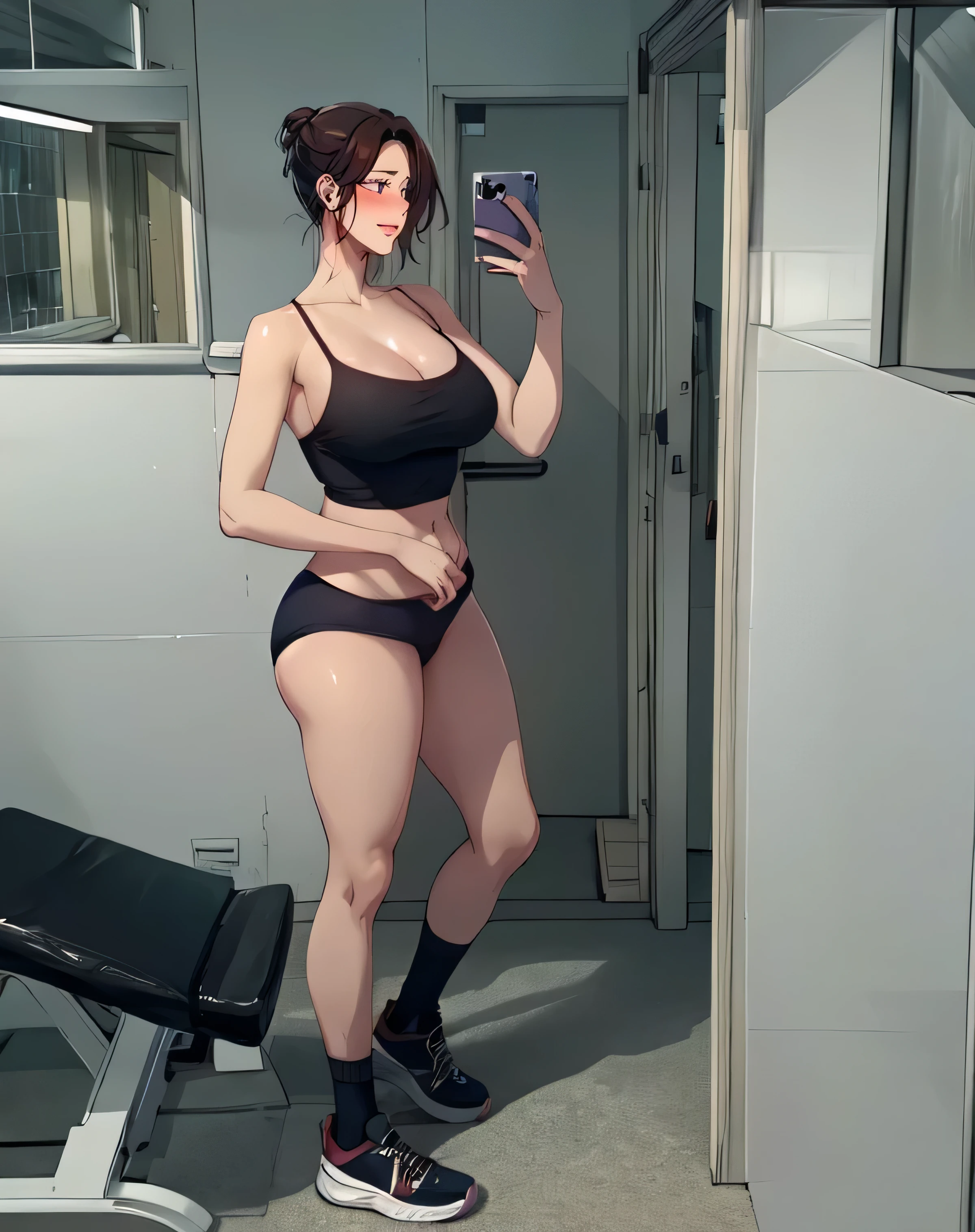 score_9, score_8_up, score_7_up, score_6_up, score_5_up, score_4_up, (8k, RAW photo, best quality, masterpiece:1.2), front view detailed body, long belly, big , Slender body, tight body , thicc ,large breast , long thighs, junescdef, brown hair, short hair, purple eyes, large breasts, beautiful legs, long dress, 1girl, breasts, solo, brown_hair, hair_bun, 1girl, solo, phone, breasts, short_hair, cellphone, shoes, selfie, sneakers, locker, cleavage, smartphone, holding_phone, socks, holding, black_socks, indoors, underwear, full_body, standing, locker_room, midriff, panties, large_breasts, black_panties