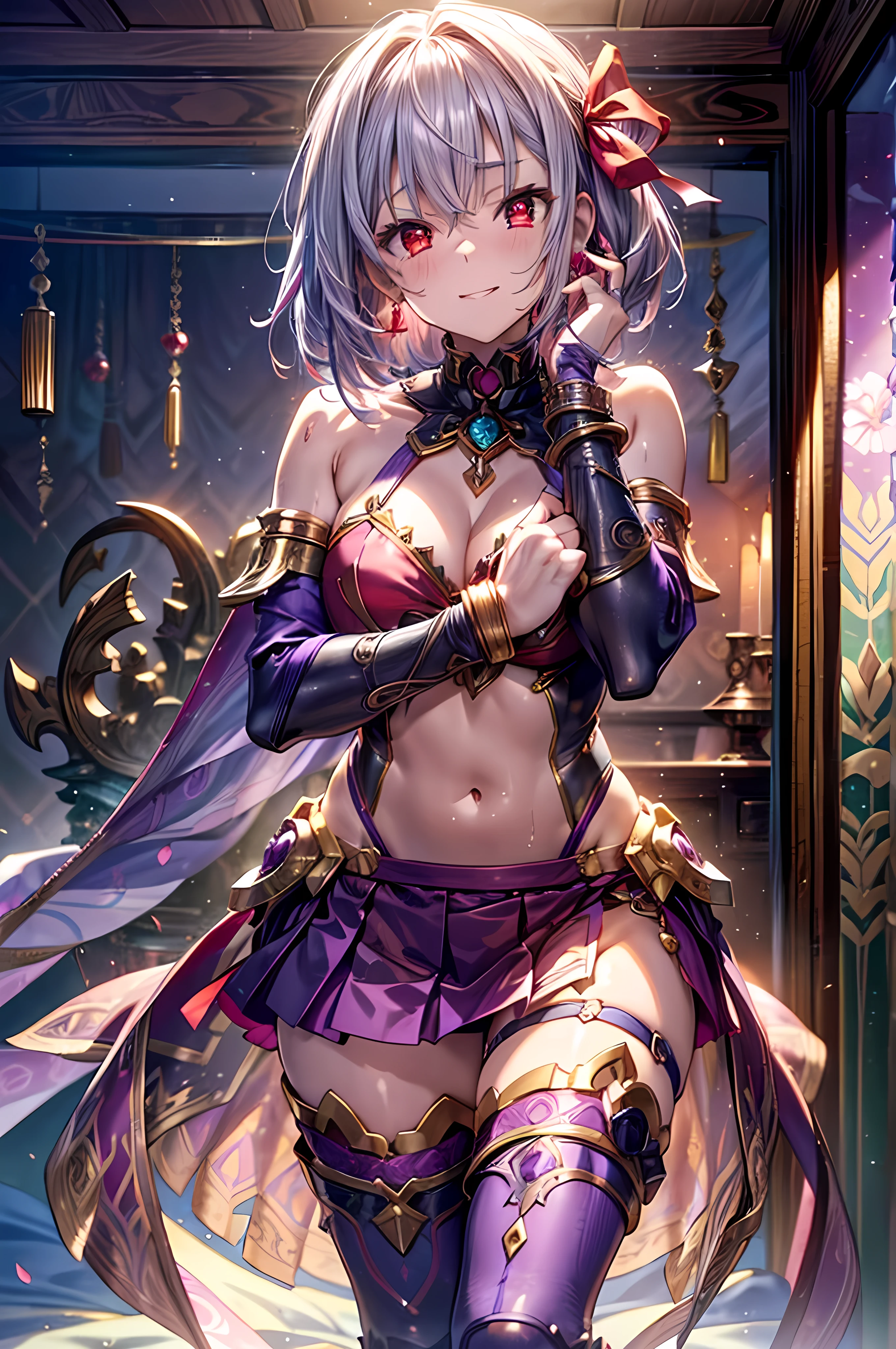 1 Beautiful girl with an anime face, (kamaloli), (kamacostume), fgolike, (Perfect Anatomy), (Hide your hands behind your head:1.2), Beautiful Skin, hair ribbon, (Red eyes:1.5), red ribbon, ribbon, short Hair, Gray Hair, BREAK Armlet, Exposing shoulders, Bikini Armor, bracelet, collar, Removable sleeves, dress, earrings, Floral print, jewelry, metal collar, miniskirt, Pelvic Curtain, purple dress, purple skirt, Purple sleeves, purple Knee socks, ring, skirt, Knee socks, Thigh pads, BREAK Watch Viewers,( Indoor rest), (Bed Break) (masterpiece:1.2), Highest quality, High resolution, unity 8k wallpaper, (figure:0.8), (Beautiful attention to detail:1.6), Highly detailed face, (Blushing), Embarrassed expression, While confused, tears, (A sloppy smile:1.2), Open your mouth, I'm worried, Very cute, Perfect lighting, Highly detailed CG, Tempting, BREAK (Heart effect:1.2) BREAK,