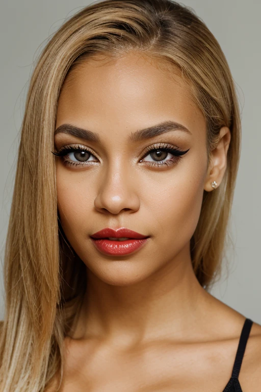 light skin biracial woman with golden blond hair and light brown eyes with makeup, black eye-liner and red lips