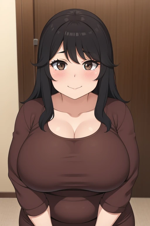Plump year 21 big breasts black hair brown eyes happy longer hair smile blushing deredere