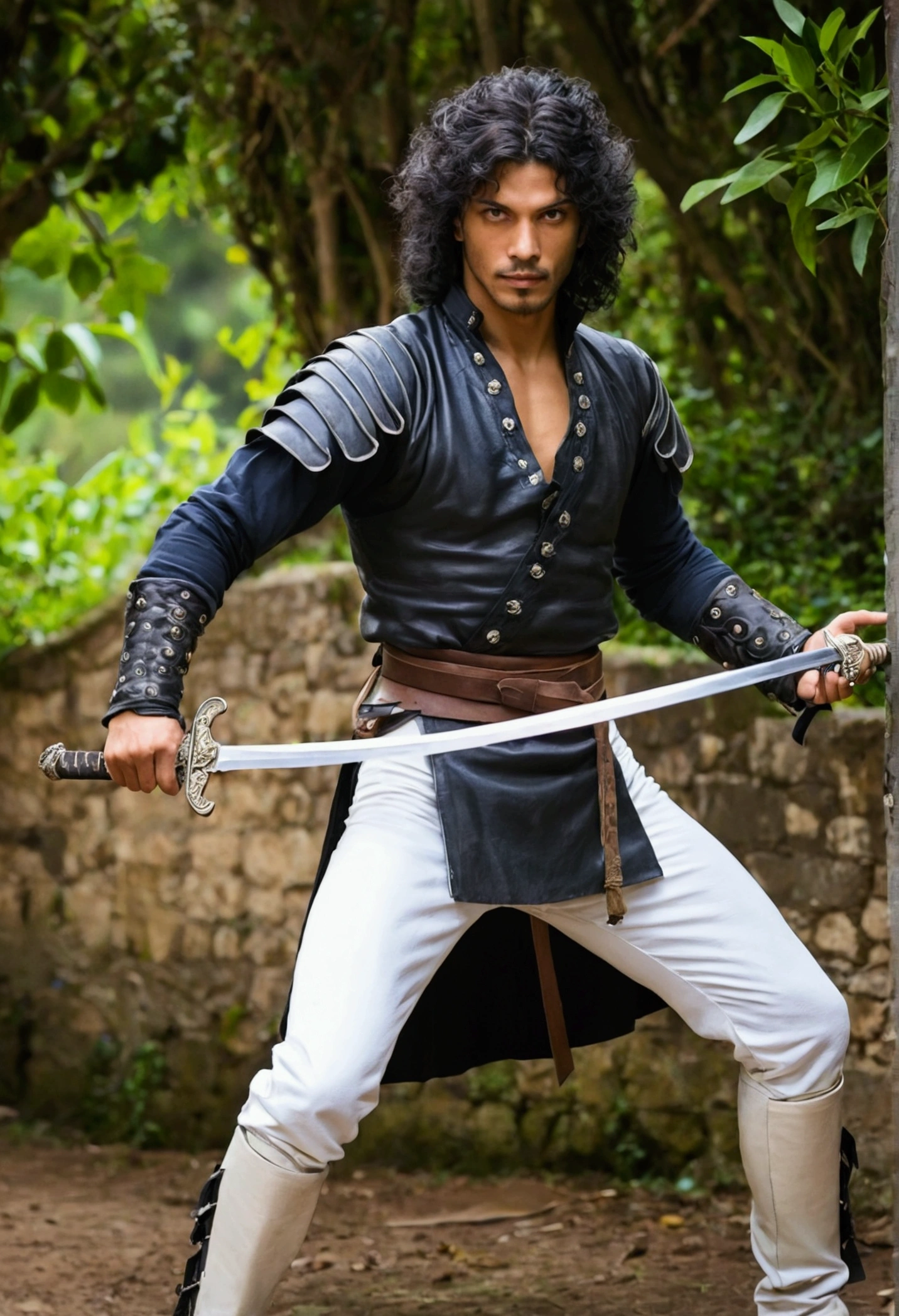 Rai, the Swordsman of Iucali, He is a young man with a striking presence. He has a medium height and an agile, well-defined body., result of his intensive training in fencing. His hair is black and disheveled, giving it a carefree and rebellious air. Os olhos castanhos de Rai brilham com uma mistura de confiança e audácia, always pay attention to your surroundings. He wears practical, slightly worn clothes, consisting of leather pants and boots inherited from his Portuguese master, combined with white tsiski that cover their torso. constantly, he carries Clarenice with him, your sword thin and sharp, and a guitar that reflects his love for music and bohemia.