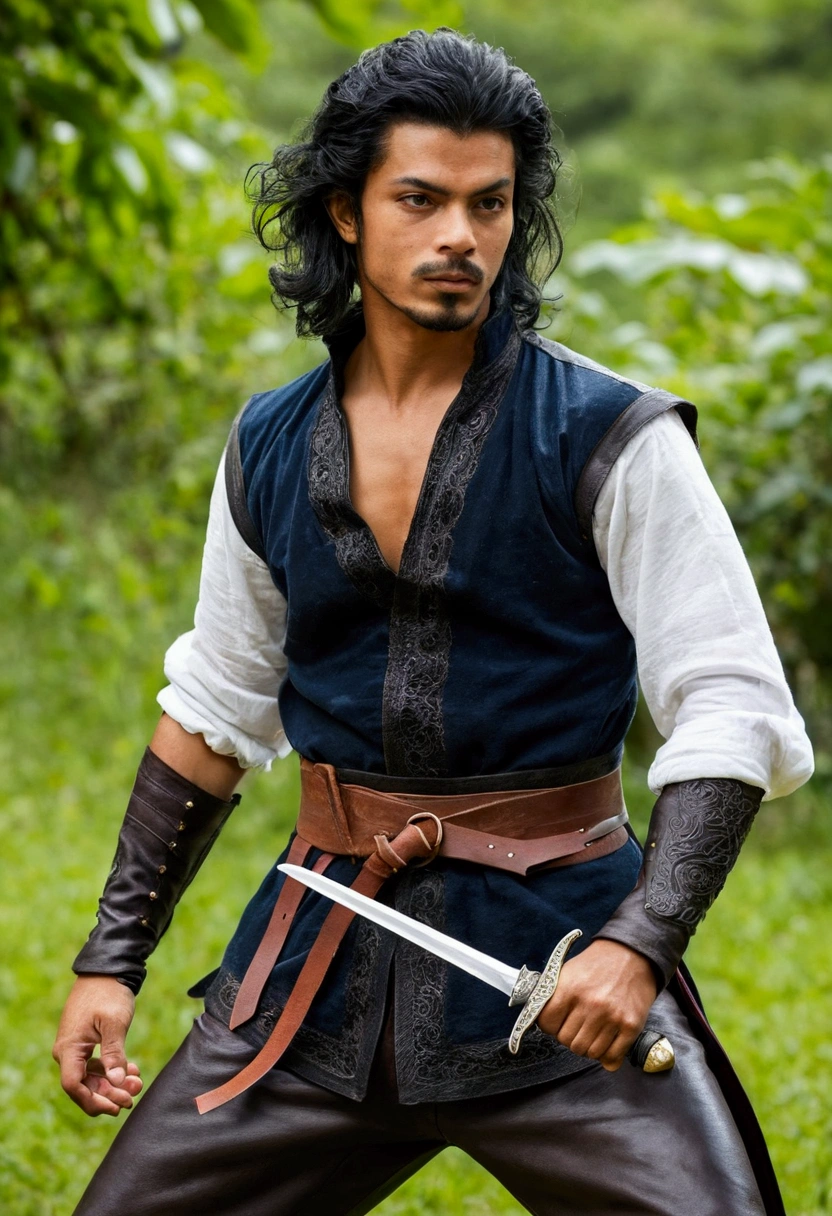 Rai, the Swordsman of Iucali, He is a young man with a striking presence. He has a medium height and an agile, well-defined body., result of his intensive training in fencing. His hair is black and disheveled, giving it a carefree and rebellious air. Os olhos castanhos de Rai brilham com uma mistura de confiança e audácia, always pay attention to your surroundings. He wears practical, slightly worn clothes, consisting of leather pants and boots inherited from his Portuguese master, combined with white tsiski that cover their torso. constantly, he carries Clarenice with him, your sword thin and sharp, and a guitar that reflects his love for music and bohemia.