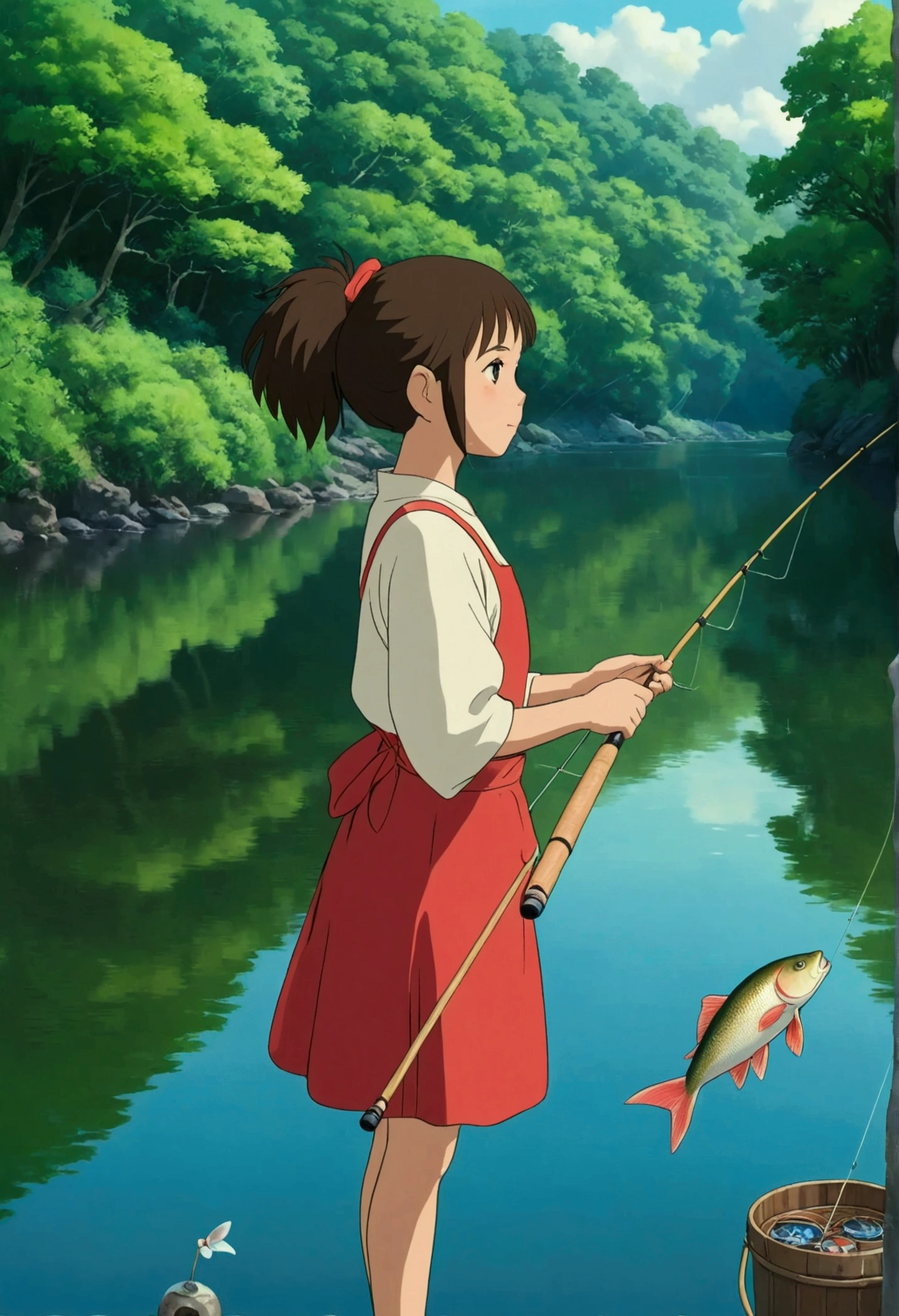 Ghibli fishing beautiful river girl