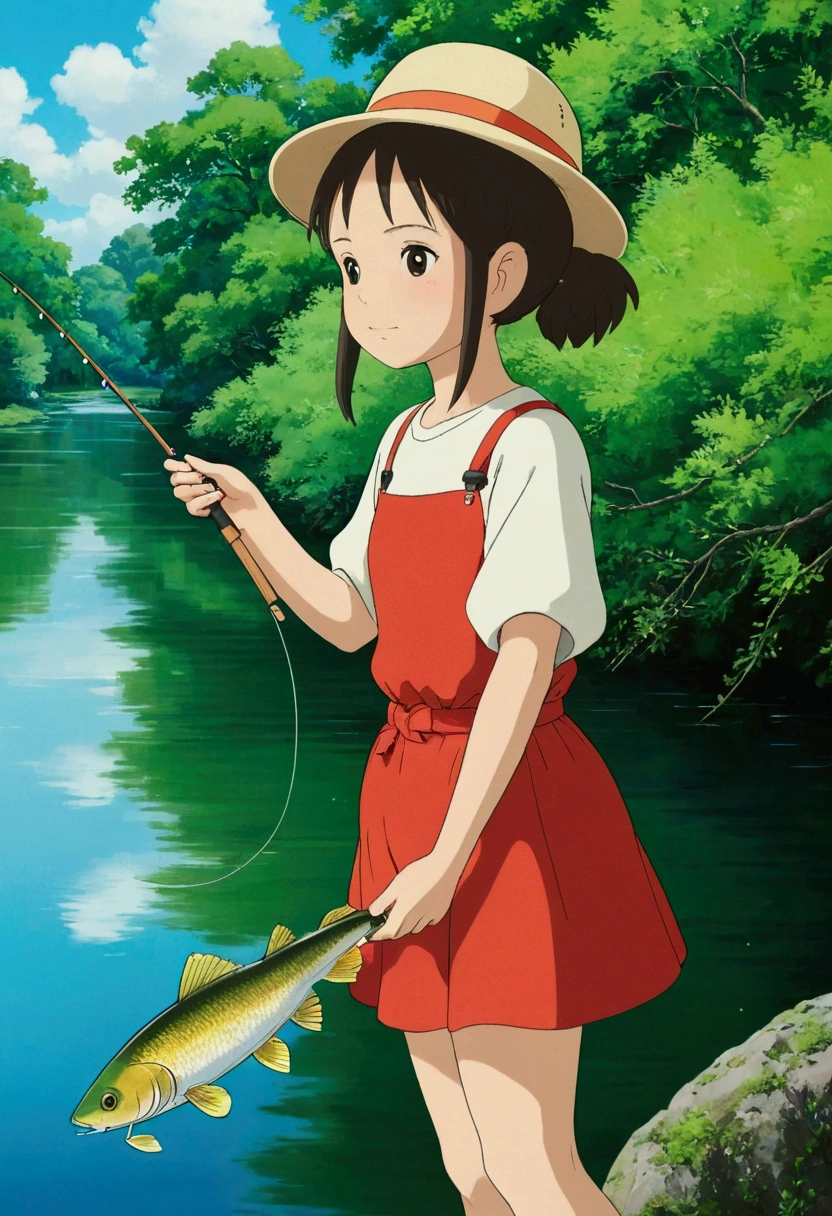 Ghibli fishing beautiful river girl