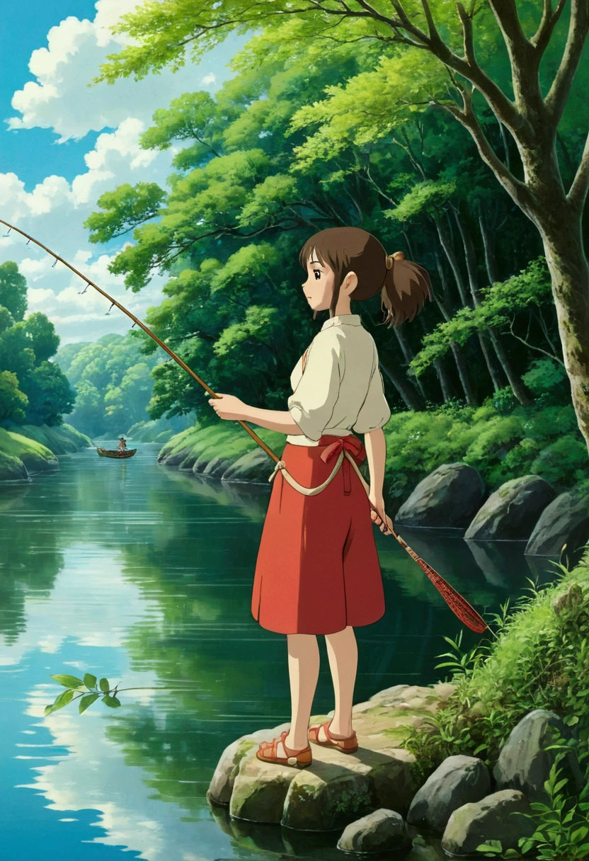 Ghibli fishing beautiful river girl