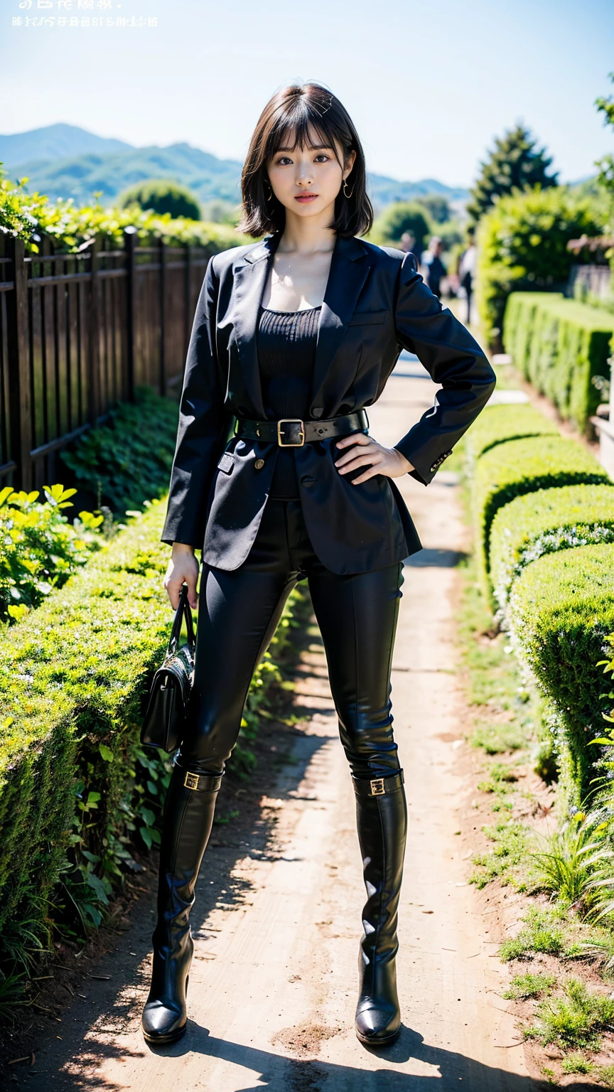 (8k、RAW Photos、Highest quality、masterpiece:1.2)、(Realistic、Realistic)、1 Girl、((suit、Black shortedium Hair、boots、garden、View from the front、Looking at the camera、belt、Hands on your hips))、cute