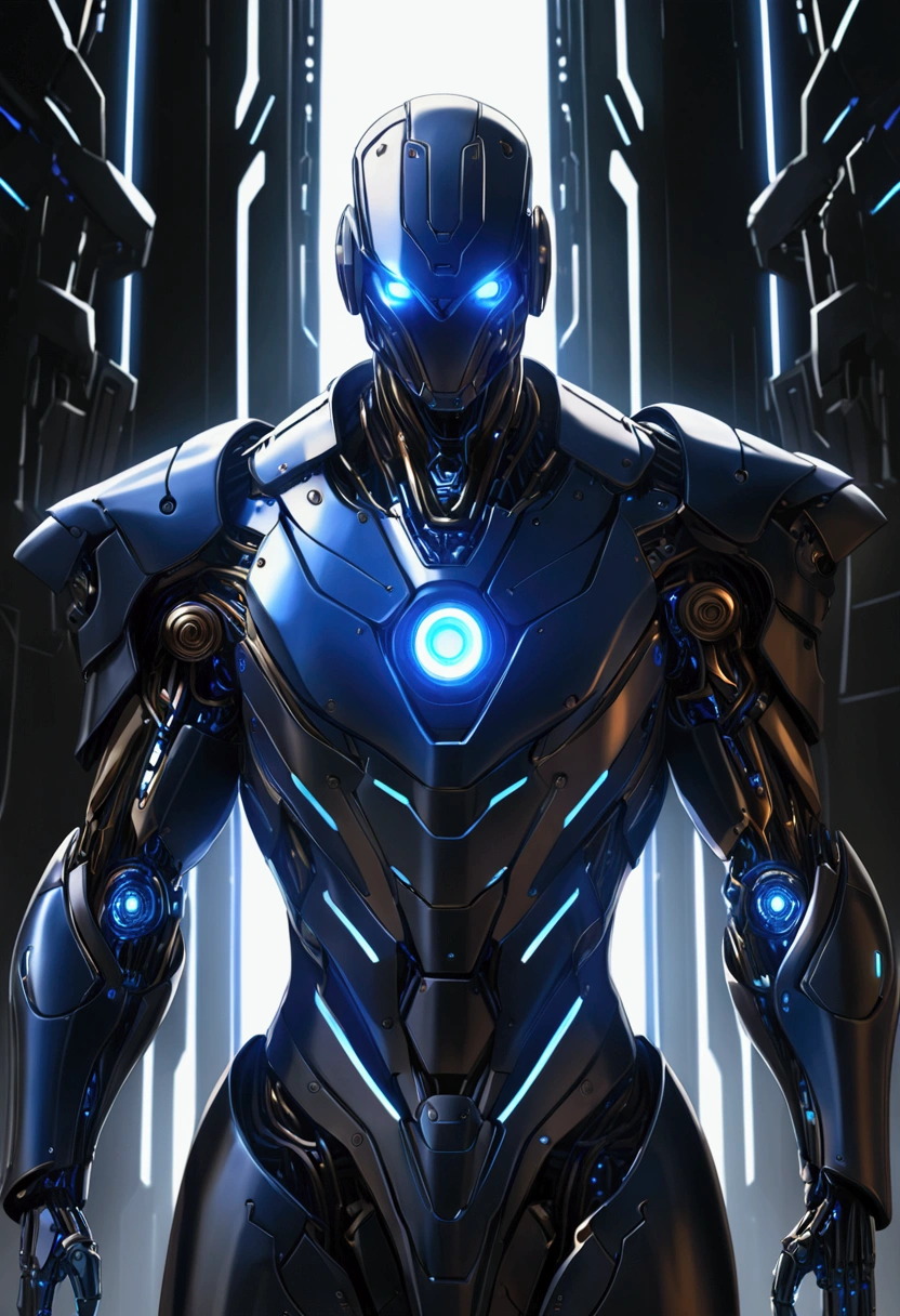 ((masterpiece)), ((best quality)), (from front, facing front), (cybernetic, cyber armor), 1man, adult man, solo, black skin, long brown hair, blue eyes, human body wearing blue cyber armor, hyper-detailed, cinematic lighting, chiaroscuro, intricate details, metallic sheen, futuristic, mechanical, striking, powerful, awe-inspiring, moody, atmospheric