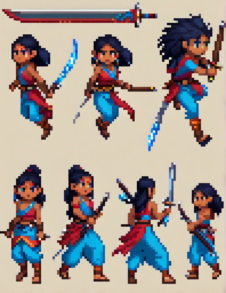 Create a sprite sheet for character animations that includes frames for movement, running, jumping, sword attack, spear attack, and bow attack. Mas o personagem é uma de cabelo azul escuro cor de pele pardo e olhos rosa choque com uma pequena mochila nas costas de etinia indigena