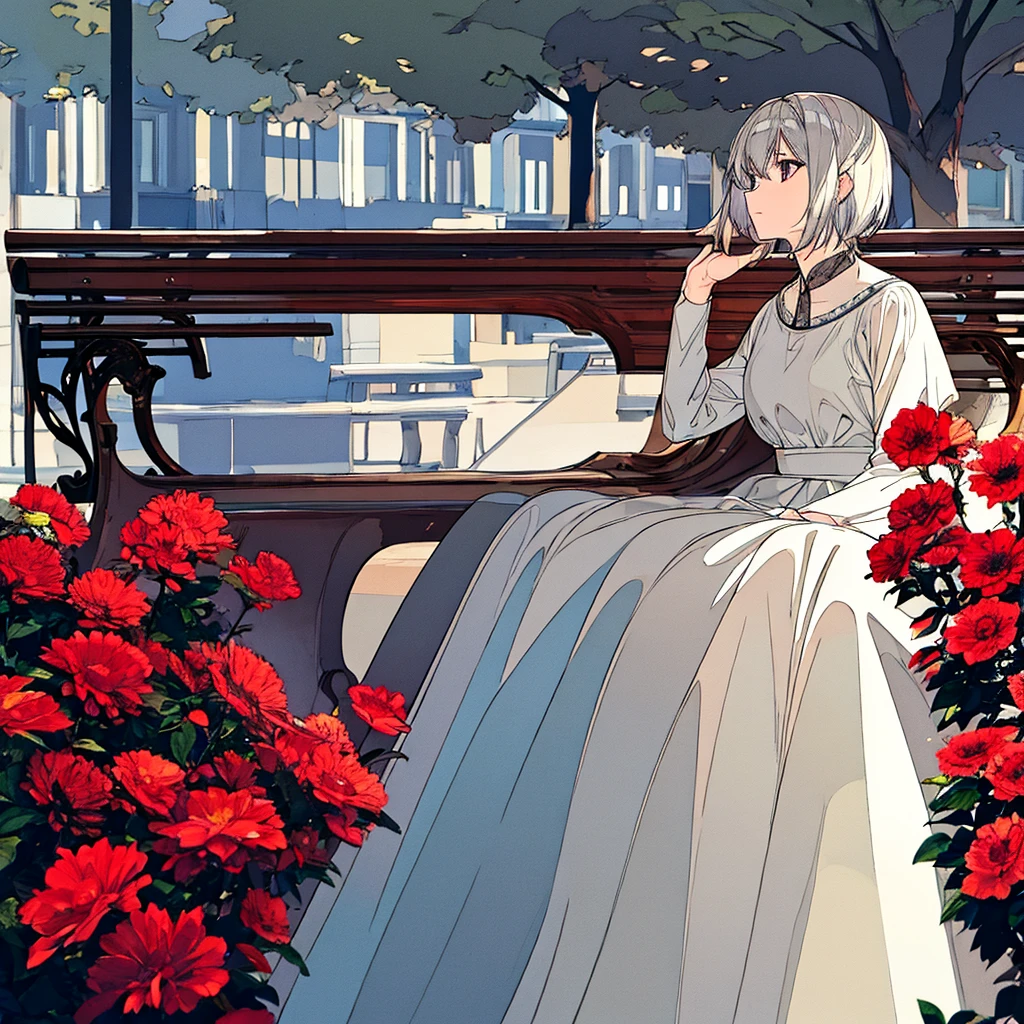 Light gray background, woman sitting on bench, silver hair, short hair, red flower