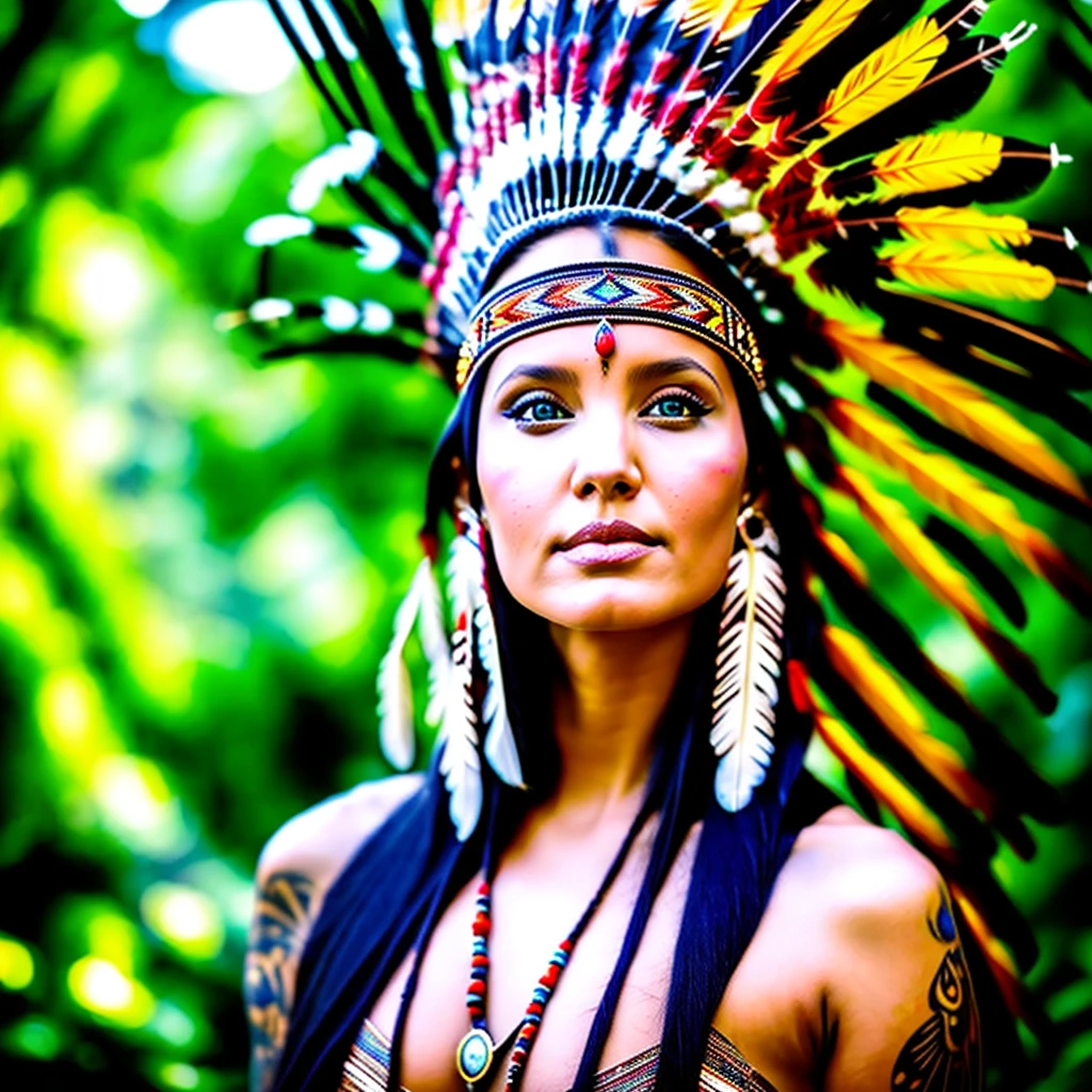 Woman in a feather headdress with feathers on her head,(((rosto pintado))), Retrato da princesa asteca, usando coroa de penas brilhantes,  com penas, beautiful young female shaman,rosto pintado,Strobe, she is dressed in shaman clothes,sombra, cocar emplumado,(Auroracore : 1,5),auto contrast, tatuagem do esterno, cocar ornamentado, a young female shaman, Angelina Jolie UHD, cocar, : native american shamen fantasy, cocar centralizado,rosto pintado,Strobe,Auroracore, Bobina de Tesla.