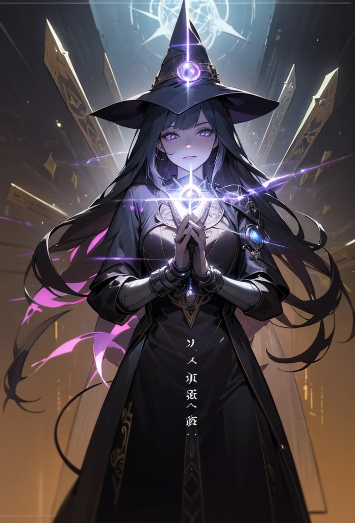 depicts a modern-day witch who has embraced the world of cybernetics to enhance her magical abilities. The artwork should convey the enchanting blend of traditional witchcraft and futuristic technology. Here are some specific elements to include: The Witch's Lair: The setting should be a cozy yet slightly eerie room, filled with magical books, crystal balls, potion ingredients, and antique furnishings. The room should be dimly lit by candles and a soft, mystical glow emanating from her cybernetic enhancements. The Cyborg Witch: The central focus of the artwork is the witch herself. She's a striking figure with a mix of traditional witch attire and cybernetic enhancements. Her clothing should have a witchy, occult aesthetic, with flowing robes, a pointed hat, and an intricate pentagram necklace. Her arms, however, have been upgraded with cybernetic components that incorporate magical symbols and glowing runes. Magical Interface: The witch is in the midst of casting a spell, with a holographic, touch-screen interface floating before her. This interface includes spell incantations, arcane symbols, and digital components, demonstrating her fusion of magic and technology. Spell Ingredients: On a nearby table, there should be a collection of spell ingredients, like herbs, potions, and magical artifacts. Some of these items may have been modified with cybernetic enhancements, blurring the line between the natural and the technological. Familiar: The witch's familiar, perhaps a cat or raven, should be present in the scene, serving as her magical companion. The familiar could also have subtle cybernetic enhancements or glowing eyes. Glowing Runes: The room should be adorned with ancient symbols and glowing runes on the walls and floor, contributing to the magical atmosphere. Aetherial Lighting: Use a combination of mystical, ethereal lighting and cybernetic glows to create a captivating interplay of light and shadow. The contrast between the tradit