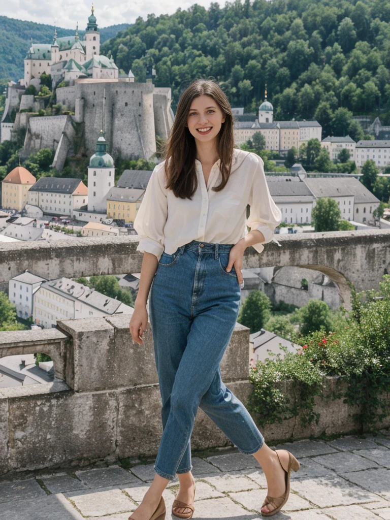 her name is Amelie, high quality, 1girl, ((25-year-old fit Caucasian woman)), ((25 years old)), ((BODY TYPE: HOURGLASS)), ((Shaggy Lob brown hair)), smiling, pose: standing, wearing SOPHISTICATED courant Generation-Z modern wear pastel colored, BACKGROUND: "Exploring the historic Getreidegasse, with its charming shops, historic buildings, and views of the Hohensalzburg Fortress."