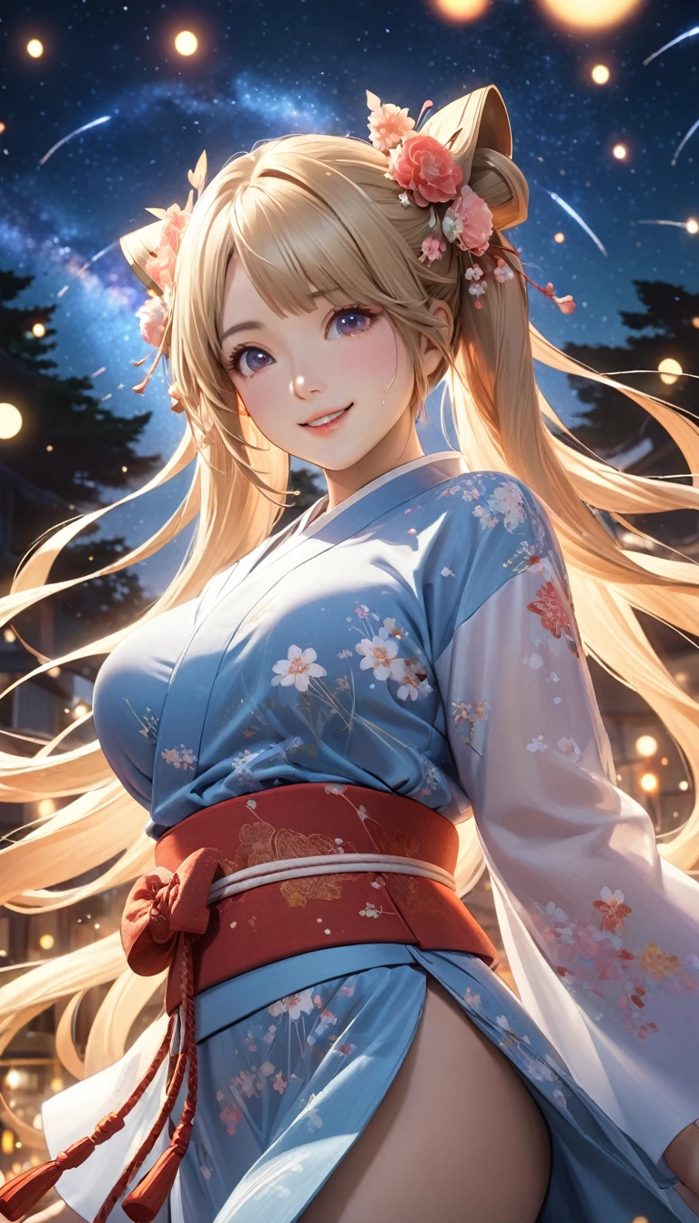 8k resolution, masterpiece, Highest quality, Award-winning works, unrealistic, SFW, elegant, Very detailed, Digital Painting, artステーション, コンセプトart, Smooth, Sharp focus, shape, artジャム、Greg Rutkowski、Alphonse Mucha、William Adolphe Bouguereau、art：Stephanie Law , , Royal Jewel, , Full Shot, Symmetric, Greg Rutkowski, Charlie Bowwater, beep, Unreal 5, Surreal, Dynamic Lighting, ファンタジーart, Complex色, Gion, Kyoto, Numerous fireflies, fire works, milky way, shooting stars, Small face, Very delicate look, , Delicate facial depiction, Delicate eye depiction, Upper body close-up, Alluring, , dynamic sexy pose, sole sexy girl, healthy body, Age 22, , , ,, doaxvv_Marie Rose, geisha, height: 160cm, huge firm bouncing busts, , Very long wavy blonde hair, Twin tails, Glowing Skin, Sweat, Smiling at the camera, look up, Invincible laughter, Complex, traditional Japanese see-through yukata, 