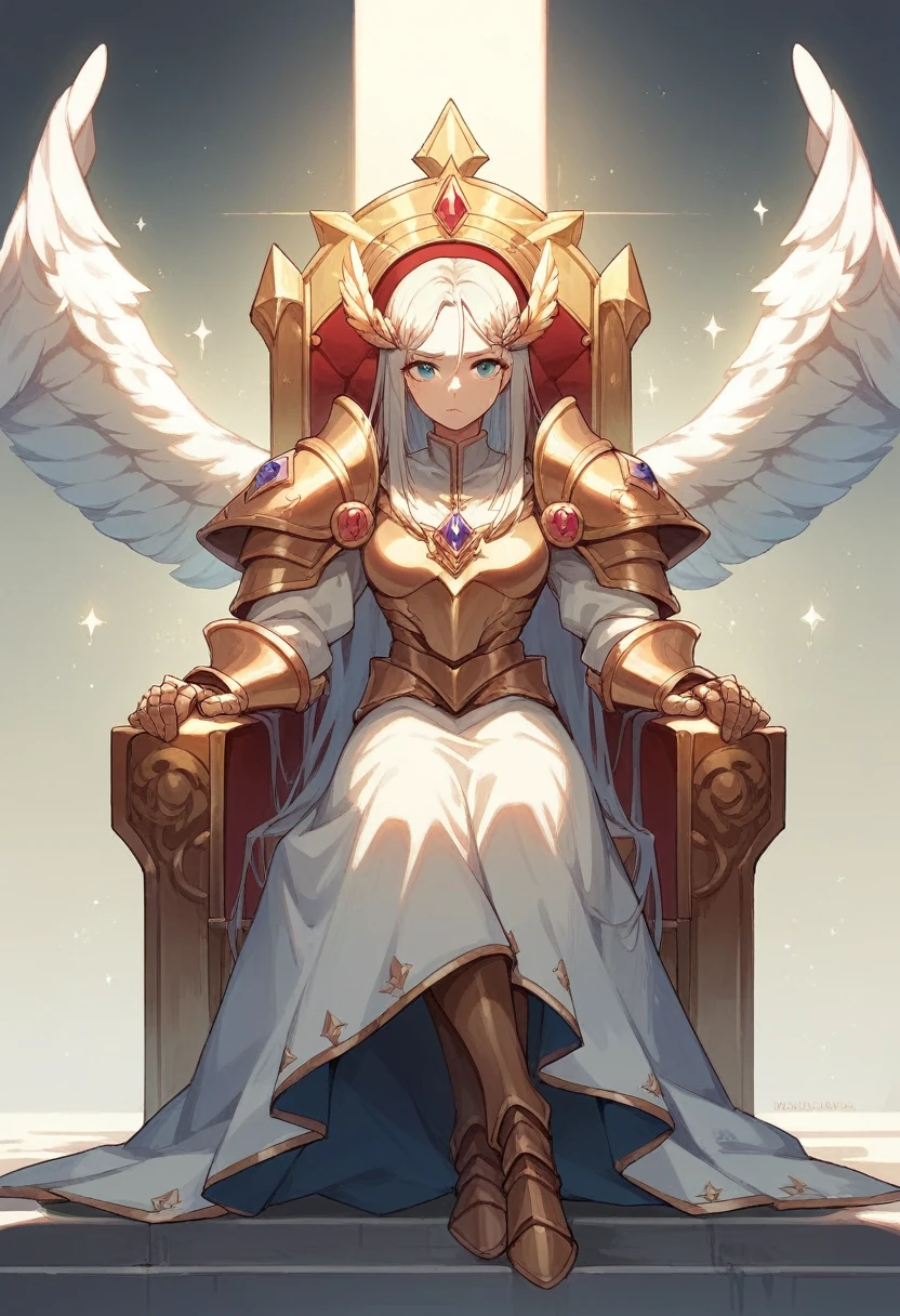 An angel sitting on a golden throne while pale armored warriors and angels bow before the angel on the throne