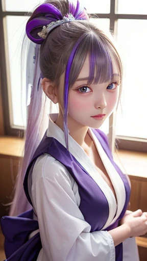 ((Highest quality)), ((masterpiece)), (detailed), Shrine maiden costume、Light-colored hair、ponytail、Purple Eyes、Watery eye、A beautiful girl、Long eyelashes、 classroom、medium shot, shoot from above,、Blushed:1.1