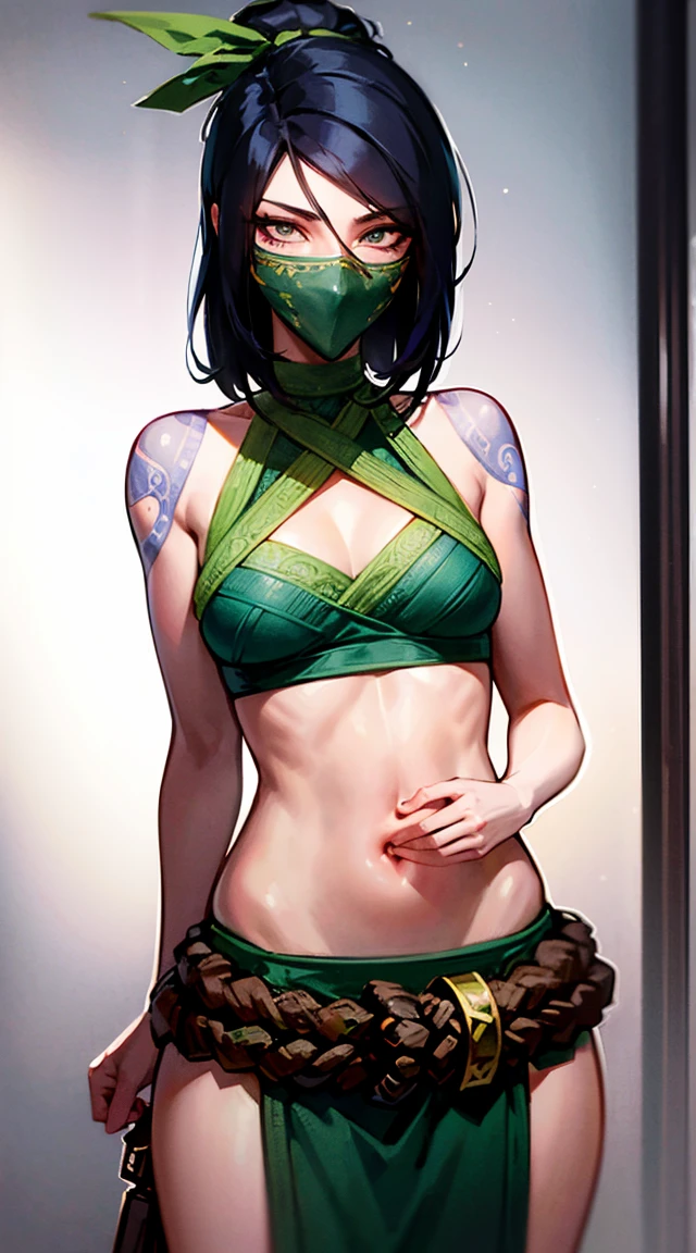 ultra realista 8k CG, work of art, ((ultra detailed background, delicate pattern, intricate-detail)), (highy detailed, fine-details,), (beautifull detailed face, eyes and hair:1.1), 1 girl, akali, gazing at viewer, League of Legends, abdomen, arm tatoo, bangss, blouse, breastsout, fishnet green chemise, hair between the eyes, hip ventilation, long bangss, long hair, mask, tummy, ninja, hypdertailed, rope belt, belt pouch, chemise, standing alone, stomach tatoo, tatoo