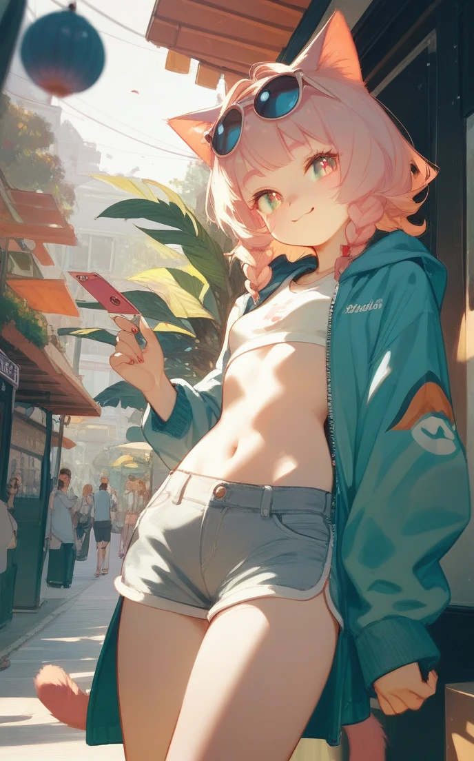 (Fraction_9,Fraction_8_Direction_7_up),light, girl, cat girl, Cat ears, Cat&#39;s Tail, Grass, picnic, Food basket, cup of tea in hand, lol, Close your eyes, breeze, Nice sheets, from above, Sit on the sheets, Looking over her head