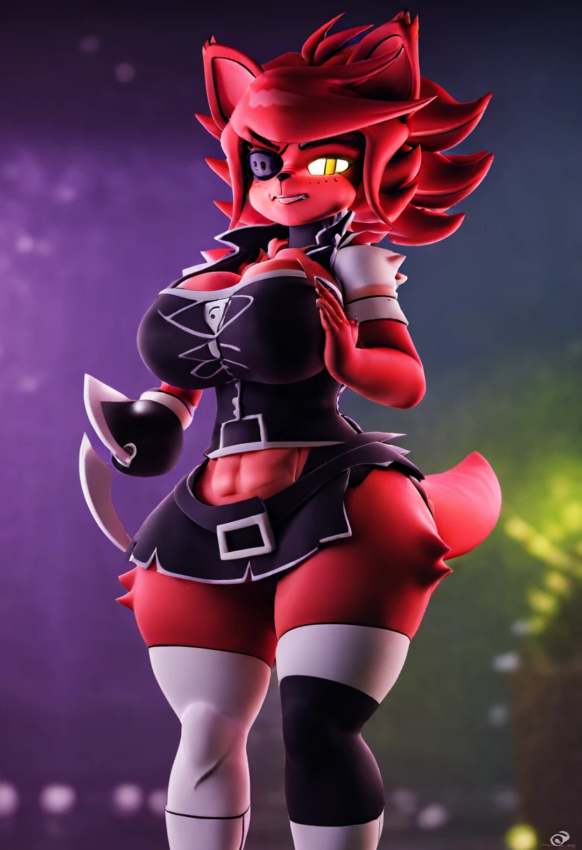 (best qualityer, masterpiece1.2), 1 girl, standing alone, ten mens, cally3d, (Fexa), red body, Red hair, Woman, housekeeper, fox ears, fox nose, Pirate Hook, crossed arms, sexly, detailded, extreme detail, perfect lighting, 4K, yellow eyes,