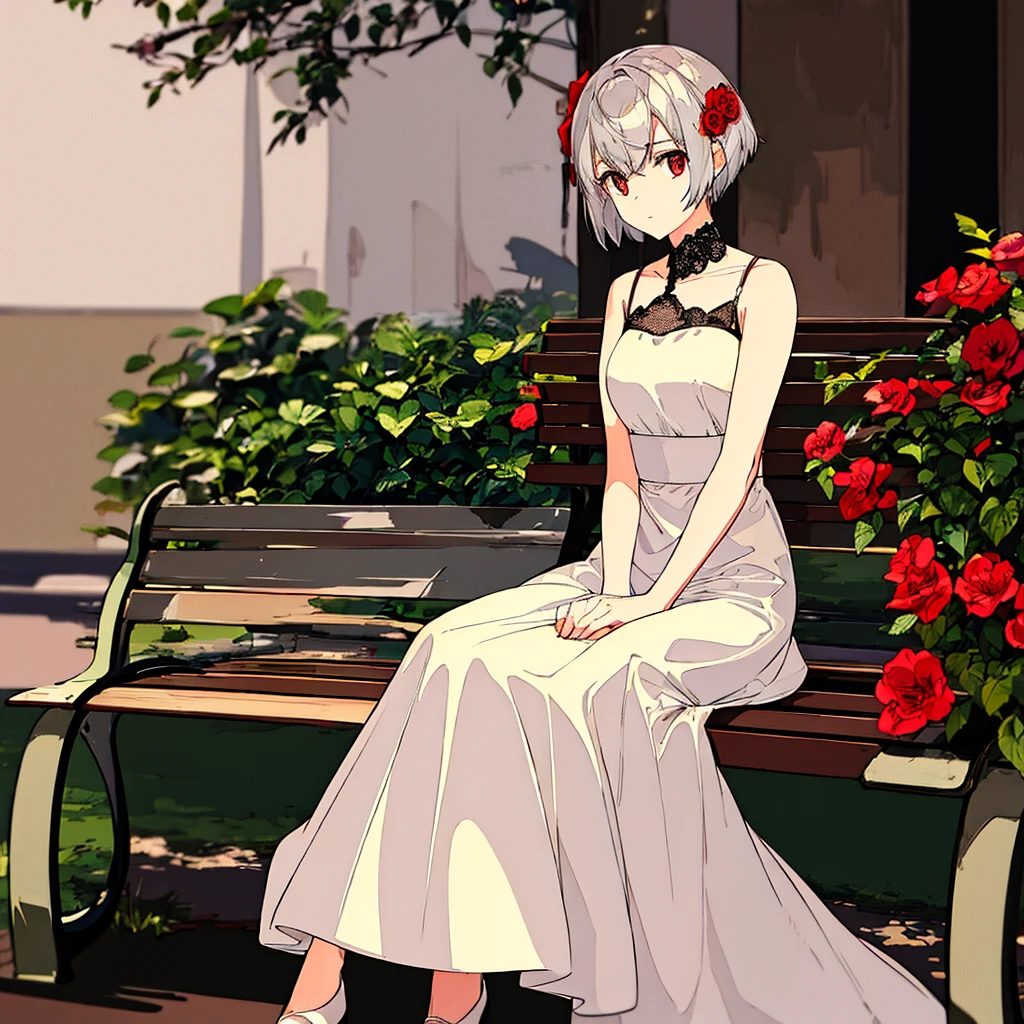 Light gray background, woman sitting on bench, silver hair, short hair, red flower