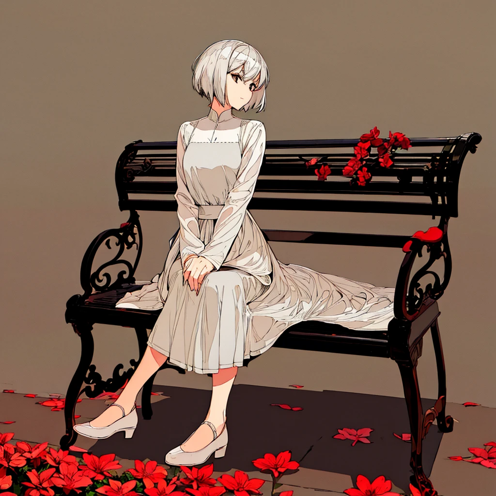 Light gray background, woman sitting on bench, silver hair, short hair, red flower