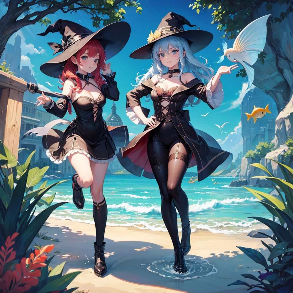 A witch and a fish swimming in a bottle