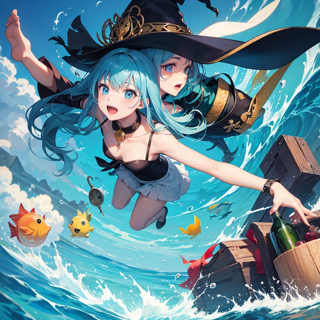A witch and a fish swimming in a bottle