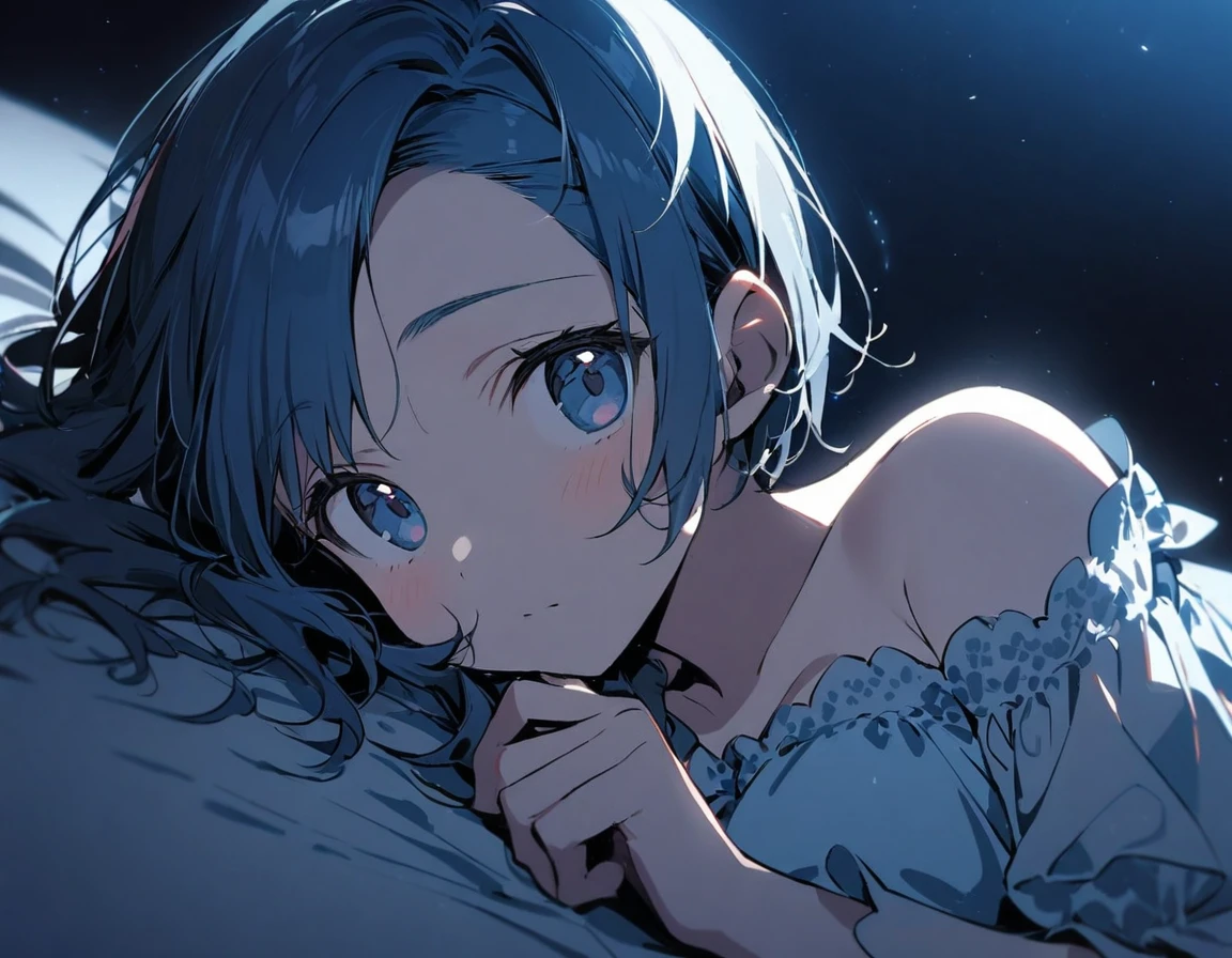 1girl,pixie_cut_hair,steelblue hair,asymmetrical bangs,bangs_pulled_back,right forehead exposed,steelblue eyes,tareme,medium breasts,upper body,nightgown,lying on bed,laying on one side,side view,looking at viewer,midnight,blue theme