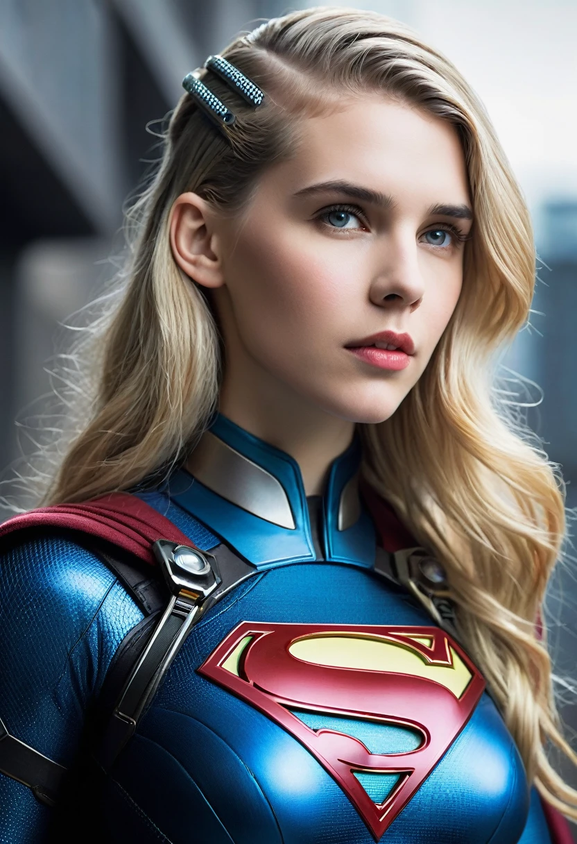 (((Extreme close-up of a beautiful woman (((Cyber Punk with part of his head shaved))) Gaia Weiss under the mantle of the Kryptonian Kara Zor-The alias Supergirl(((With part of his head completely shaved))), long blonde hair))))(((Imagenes led)))front images splash color images))),(((Imágenes led))),((((With part of his head shaved)))),(((Gaia Weiss under the mantle of the Kryptonian Kara Zor-The alias Supergirl))),((((((led)))))),(((LED Images))),Traje Man Of Steel Movie))),(((long blonde hair))),(((Traje Man Of Steel Movie)))
