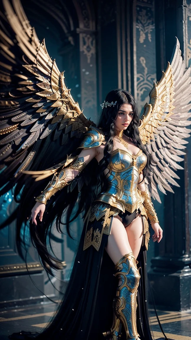 It depicts a beautiful medium-sized busted woman flying full body with large wings in intricate white and gold armor. The armor is highly detailed and beautiful. Decorated with intricate designs and patterns. She has long flowing black hair that contrasts beautifully with the metallic color of the armor. The background is dark and blurred to ensure that the focus remains on the armor.