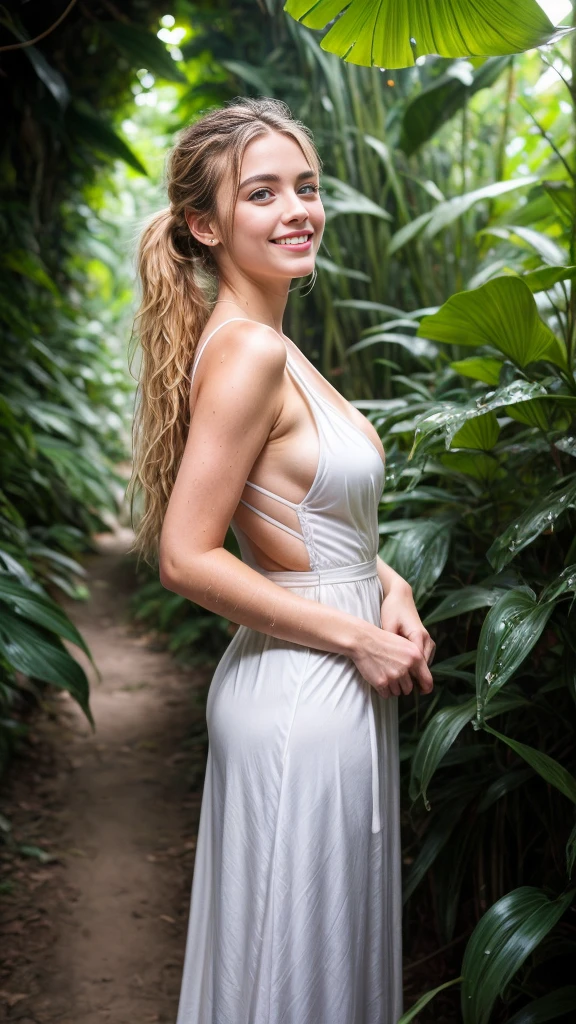 A beautiful European women, smiling, white teeth, full body, hiding hands behind her back, looking up, face up, wearing evening dress, long dress, wet dress, cleavage, jungles. She is 24 years old, has blond ponytails and blue eyes. Her cloth is stylish and her overall appearance is stunning. The girl's face is extremely detailed with beautifully detailed lips. Her skin is anatomically correct with realistic textures. The image should have super high details and be of the best quality, with a resolution of 8K. The final result should be a masterpiece, showcasing the girl's beauty and the vibrant atmosphere of jungles