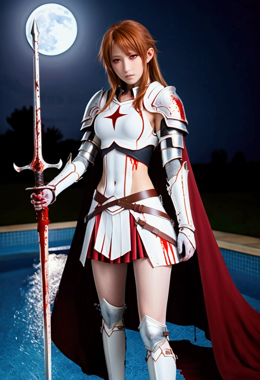 8k,(asuna(Star): 1.6),a girl, standing alone,(Perfect Anatomia:1.43), (medium hair:1.55) ,(Half-up:1.45),bangss, eyes browns,thin eyes,(sad smile:1.3),white thigh highs,(chestnut hair:1.6),boots soaked in blood,(18 years old:1.5),whole body,(fusion of bloody white silver full armor and blood-soaked long cape:1.63),(bared shoulders:1.5),(mini-skirt:1.26),(holding a blood-soaked rapier:1.43),(standing on the battlefield of the pool of blood in the moonlit night:1.52),fancy,(blood effect:1.53),ass pov,vision at eye level,(projected shadow:1.21)