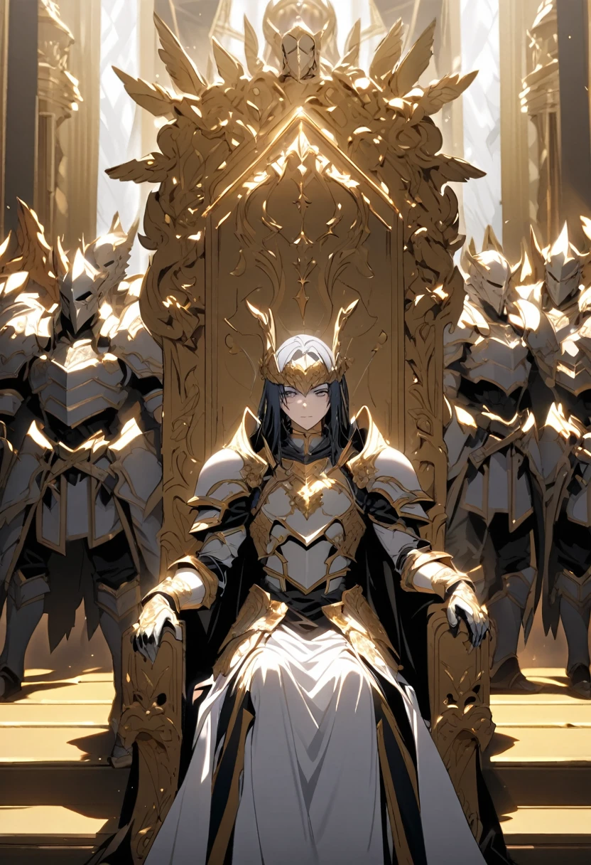 An angel sitting on a golden throne while pale armored warriors and angels bow before the angel on the throne