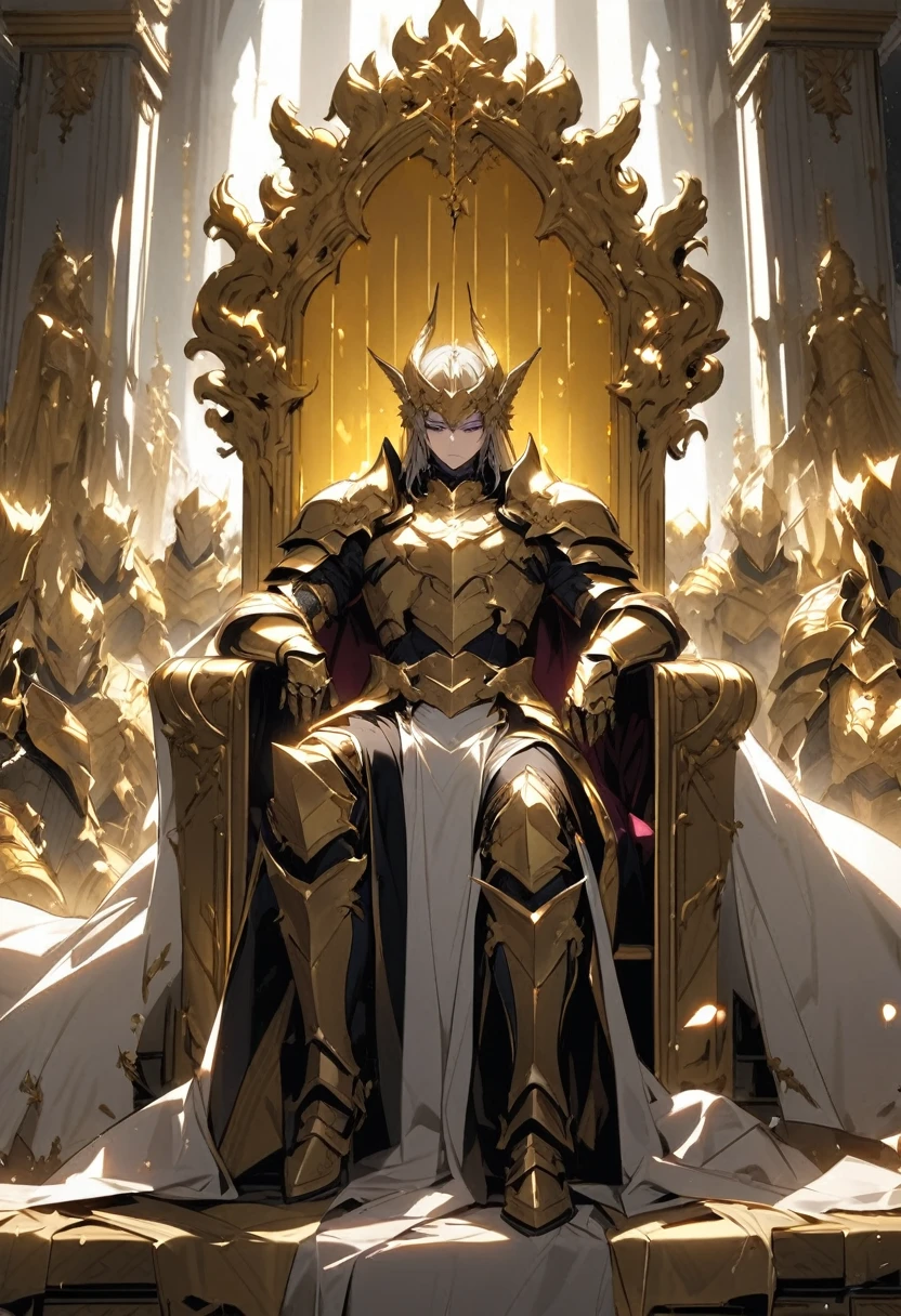 An angel sitting on a golden throne while pale armored warriors and angels bow before the angel on the throne 