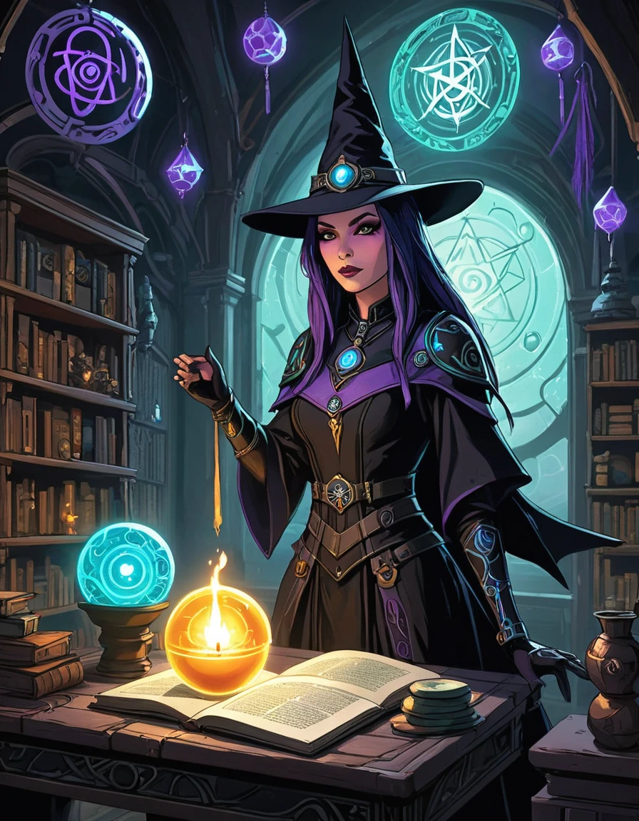 depicts a modern-day witch who has embraced the world of cybernetics to enhance her magical abilities. The artwork should convey the enchanting blend of traditional witchcraft and futuristic technology. Here are some specific elements to include: The Witch's Lair: The setting should be a cozy yet slightly eerie room, filled with magical books, crystal balls, potion ingredients, and antique furnishings. The room should be dimly lit by candles and a soft, mystical glow emanating from her cybernetic enhancements. The Cyborg Witch: The central focus of the artwork is the witch herself. She's a striking figure with a mix of traditional witch attire and cybernetic enhancements. Her clothing should have a witchy, occult aesthetic, with flowing robes, a pointed hat, and an intricate pentagram necklace. Her arms, however, have been upgraded with cybernetic components that incorporate magical symbols and glowing runes. Magical Interface: The witch is in the midst of casting a spell, with a holographic, touch-screen interface floating before her. This interface includes spell incantations, arcane symbols, and digital components, demonstrating her fusion of magic and technology. Spell Ingredients: On a nearby table, there should be a collection of spell ingredients, like herbs, potions, and magical artifacts. Some of these items may have been modified with cybernetic enhancements, blurring the line between the natural and the technological. Familiar: The witch's familiar, perhaps a cat or raven, should be present in the scene, serving as her magical companion. The familiar could also have subtle cybernetic enhancements or glowing eyes. Glowing Runes: The room should be adorned with ancient symbols and glowing runes on the walls and floor, contributing to the magical atmosphere. Aetherial Lighting: Use a combination of mystical, ethereal lighting and cybernetic glows to create a captivating interplay of light and shadow. The contrast between the tradit