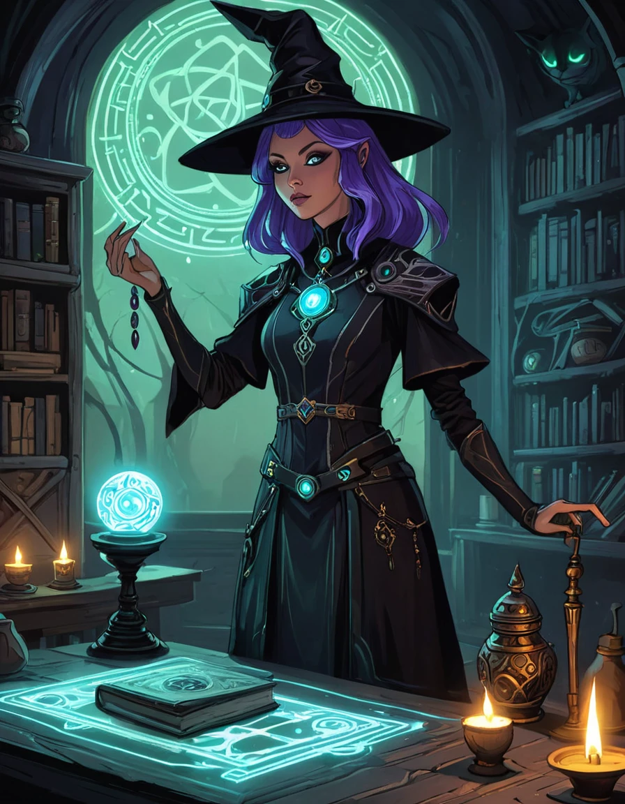 depicts a modern-day witch who has embraced the world of cybernetics to enhance her magical abilities. The artwork should convey the enchanting blend of traditional witchcraft and futuristic technology. Here are some specific elements to include: The Witch's Lair: The setting should be a cozy yet slightly eerie room, filled with magical books, crystal balls, potion ingredients, and antique furnishings. The room should be dimly lit by candles and a soft, mystical glow emanating from her cybernetic enhancements. The Cyborg Witch: The central focus of the artwork is the witch herself. She's a striking figure with a mix of traditional witch attire and cybernetic enhancements. Her clothing should have a witchy, occult aesthetic, with flowing robes, a pointed hat, and an intricate pentagram necklace. Her arms, however, have been upgraded with cybernetic components that incorporate magical symbols and glowing runes. Magical Interface: The witch is in the midst of casting a spell, with a holographic, touch-screen interface floating before her. This interface includes spell incantations, arcane symbols, and digital components, demonstrating her fusion of magic and technology. Spell Ingredients: On a nearby table, there should be a collection of spell ingredients, like herbs, potions, and magical artifacts. Some of these items may have been modified with cybernetic enhancements, blurring the line between the natural and the technological. Familiar: The witch's familiar, perhaps a cat or raven, should be present in the scene, serving as her magical companion. The familiar could also have subtle cybernetic enhancements or glowing eyes. Glowing Runes: The room should be adorned with ancient symbols and glowing runes on the walls and floor, contributing to the magical atmosphere. Aetherial Lighting: Use a combination of mystical, ethereal lighting and cybernetic glows to create a captivating interplay of light and shadow. The contrast between the tradit