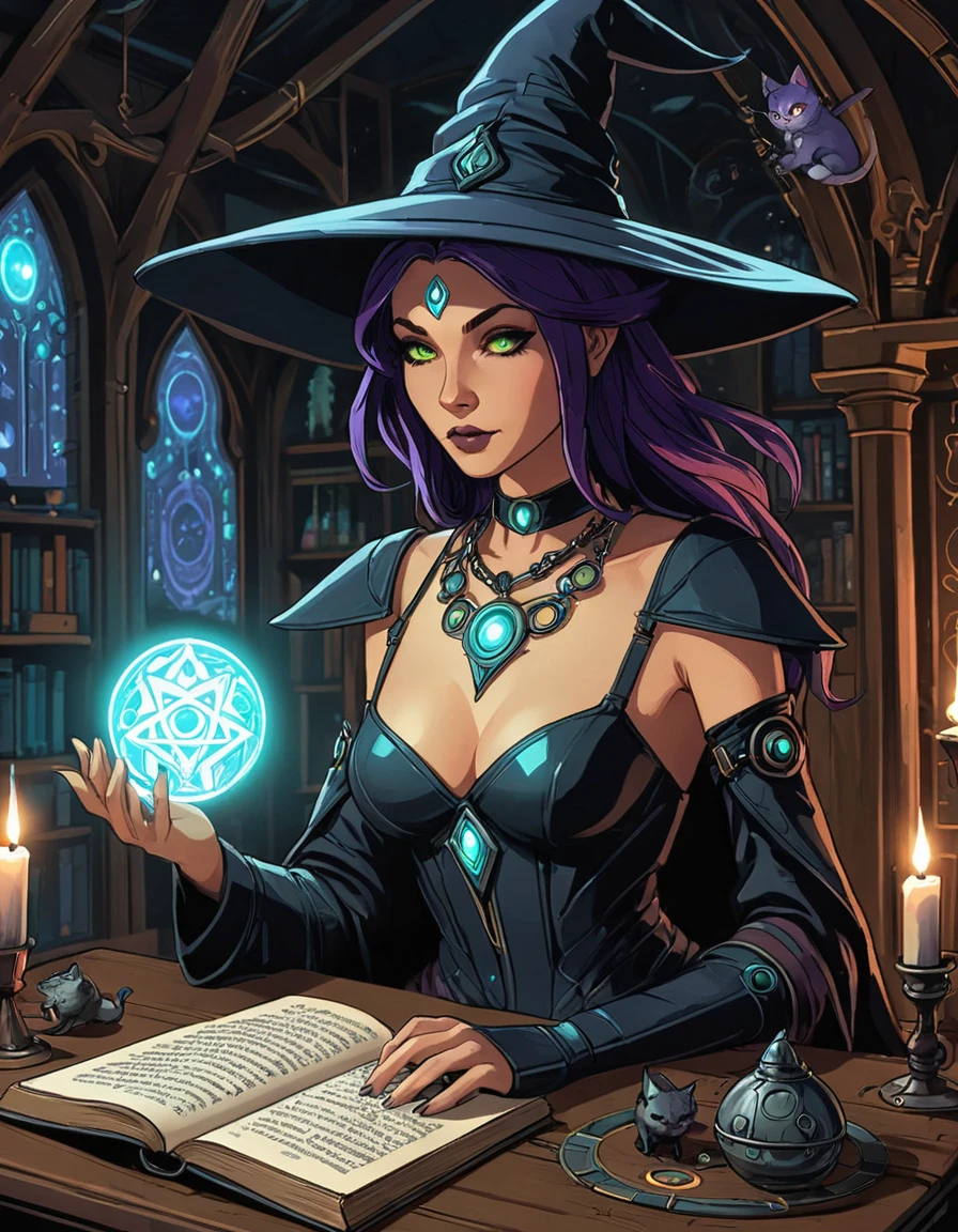 depicts a modern-day witch who has embraced the world of cybernetics to enhance her magical abilities. The artwork should convey the enchanting blend of traditional witchcraft and futuristic technology. Here are some specific elements to include: The Witch's Lair: The setting should be a cozy yet slightly eerie room, filled with magical books, crystal balls, potion ingredients, and antique furnishings. The room should be dimly lit by candles and a soft, mystical glow emanating from her cybernetic enhancements. The Cyborg Witch: The central focus of the artwork is the witch herself. She's a striking figure with a mix of traditional witch attire and cybernetic enhancements. Her clothing should have a witchy, occult aesthetic, with flowing robes, a pointed hat, and an intricate pentagram necklace. Her arms, however, have been upgraded with cybernetic components that incorporate magical symbols and glowing runes. Magical Interface: The witch is in the midst of casting a spell, with a holographic, touch-screen interface floating before her. This interface includes spell incantations, arcane symbols, and digital components, demonstrating her fusion of magic and technology. Spell Ingredients: On a nearby table, there should be a collection of spell ingredients, like herbs, potions, and magical artifacts. Some of these items may have been modified with cybernetic enhancements, blurring the line between the natural and the technological. Familiar: The witch's familiar, perhaps a cat or raven, should be present in the scene, serving as her magical companion. The familiar could also have subtle cybernetic enhancements or glowing eyes. Glowing Runes: The room should be adorned with ancient symbols and glowing runes on the walls and floor, contributing to the magical atmosphere. Aetherial Lighting: Use a combination of mystical, ethereal lighting and cybernetic glows to create a captivating interplay of light and shadow. The contrast between the tradit